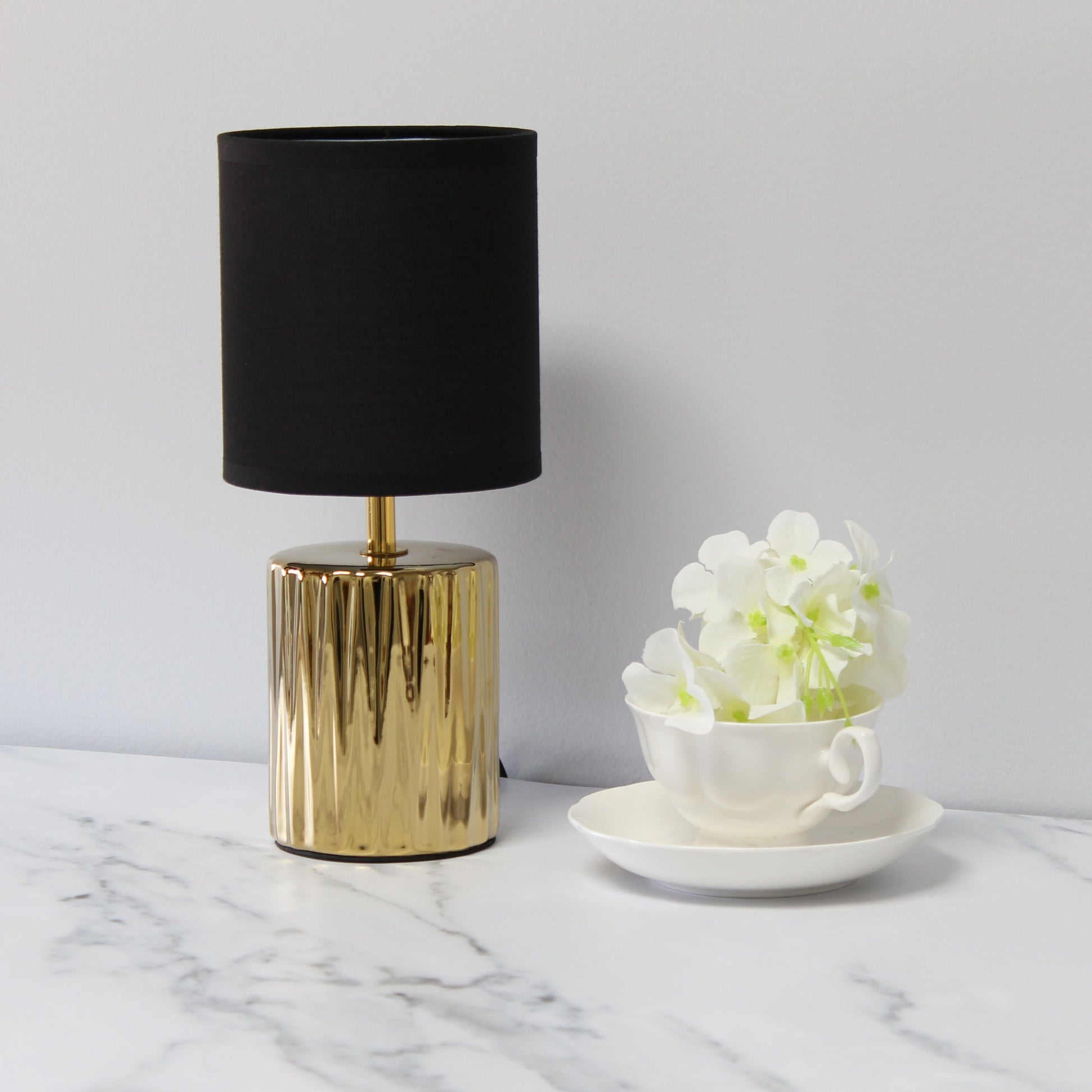 All The Rages Simple Designs 12" Ruffled Metallic Gold Capsule Table Lamp With Black Drum Fabric Shade