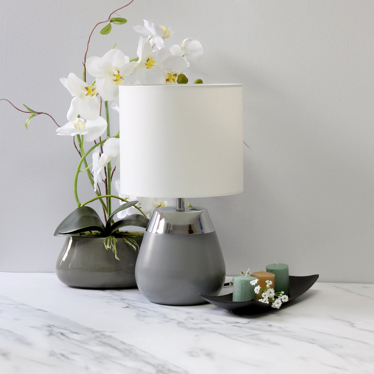 All The Rages Simple Designs 14" 2-Toned Metallic Chrome & Gray Metal 4-Settings Touch Table Lamp With White Fabric Drum Shade