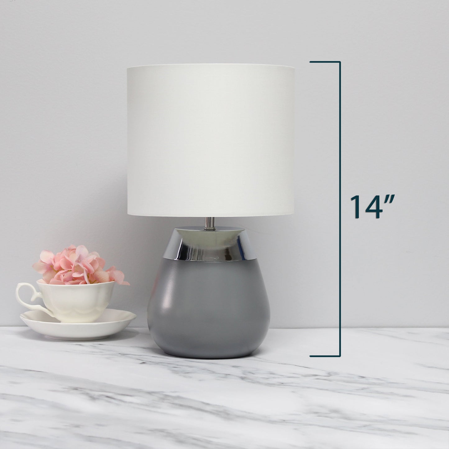 All The Rages Simple Designs 14" 2-Toned Metallic Chrome & Gray Metal 4-Settings Touch Table Lamp With White Fabric Drum Shade