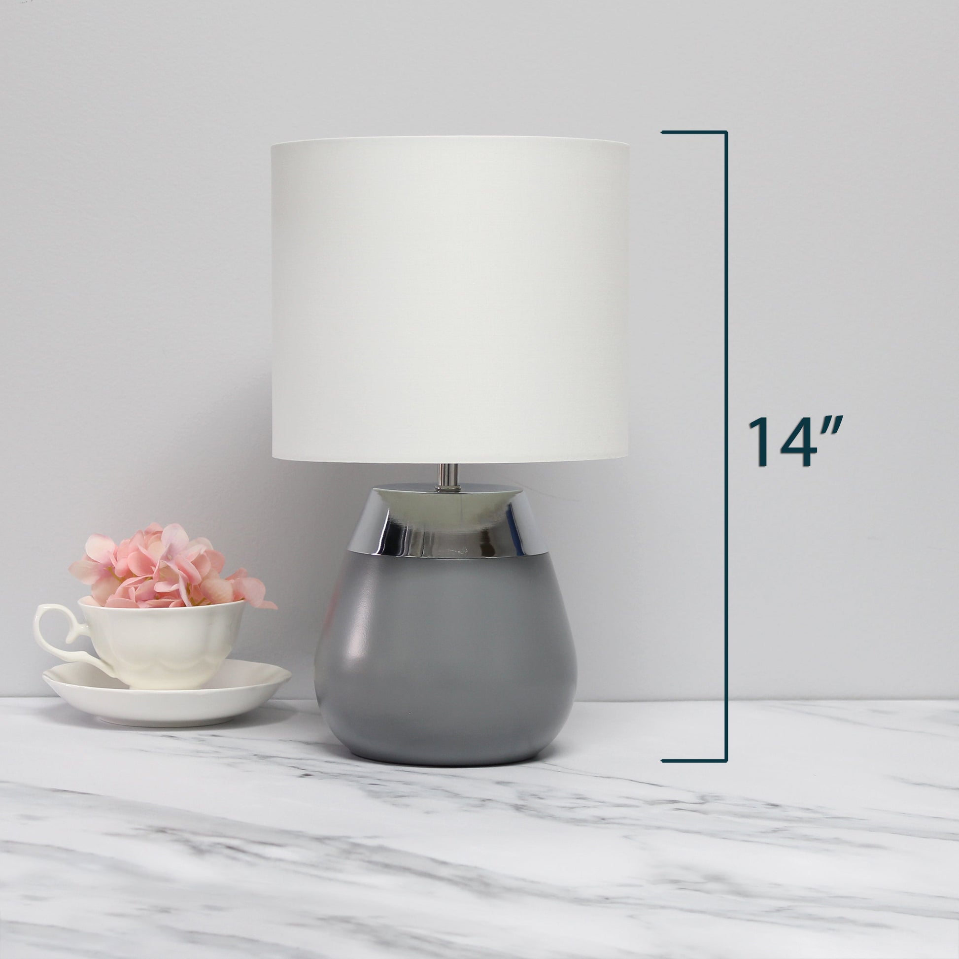 All The Rages Simple Designs 14" 2-Toned Metallic Chrome & Gray Metal 4-Settings Touch Table Lamp With White Fabric Drum Shade