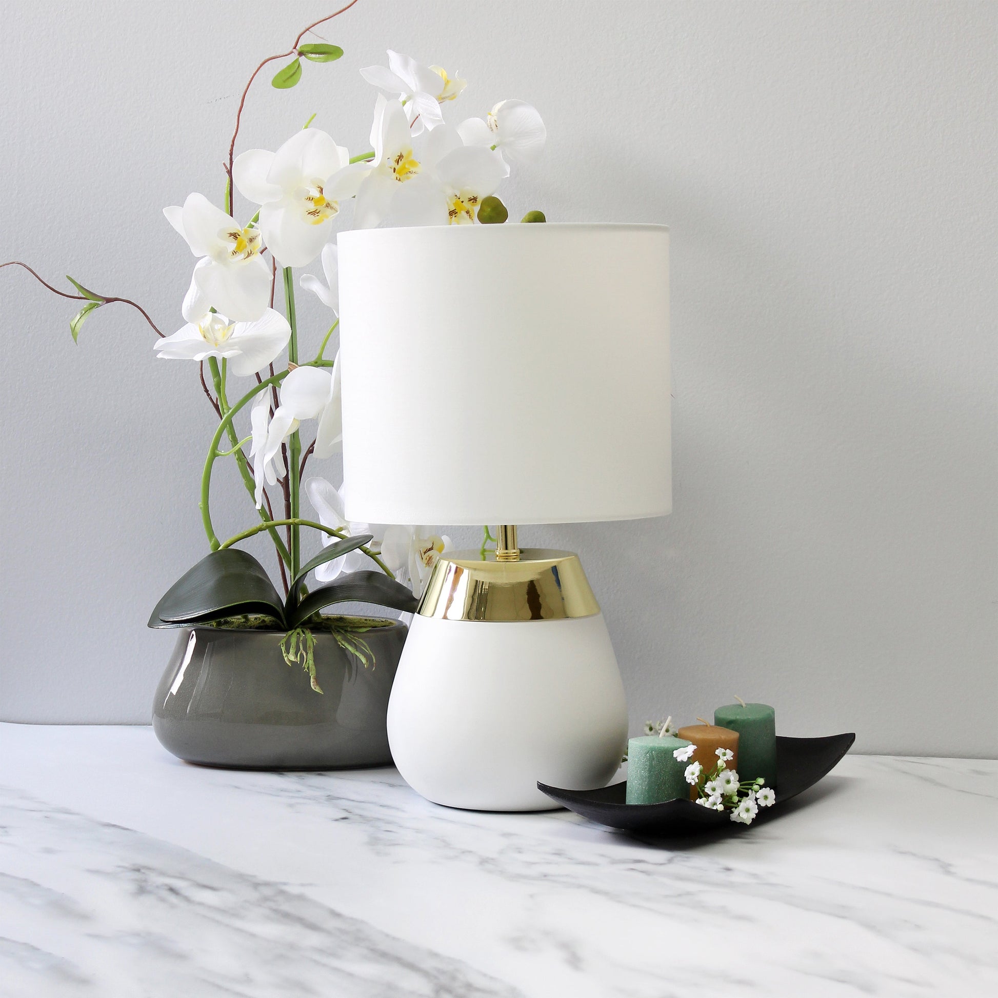 All The Rages Simple Designs 14" 2-Toned Metallic Gold & White Metal 4-Settings Touch Table Lamp With White Fabric Drum Shade