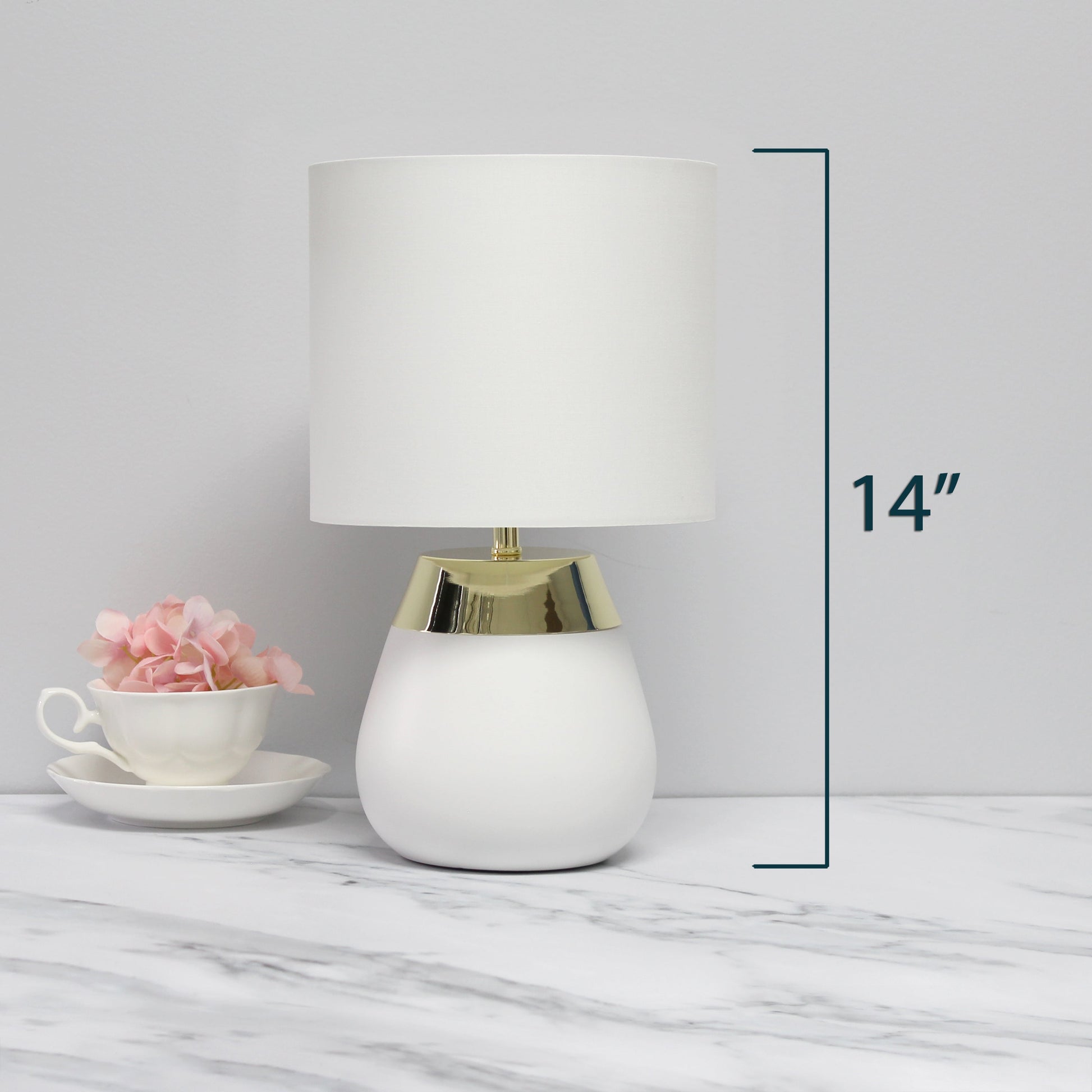 All The Rages Simple Designs 14" 2-Toned Metallic Gold & White Metal 4-Settings Touch Table Lamp With White Fabric Drum Shade