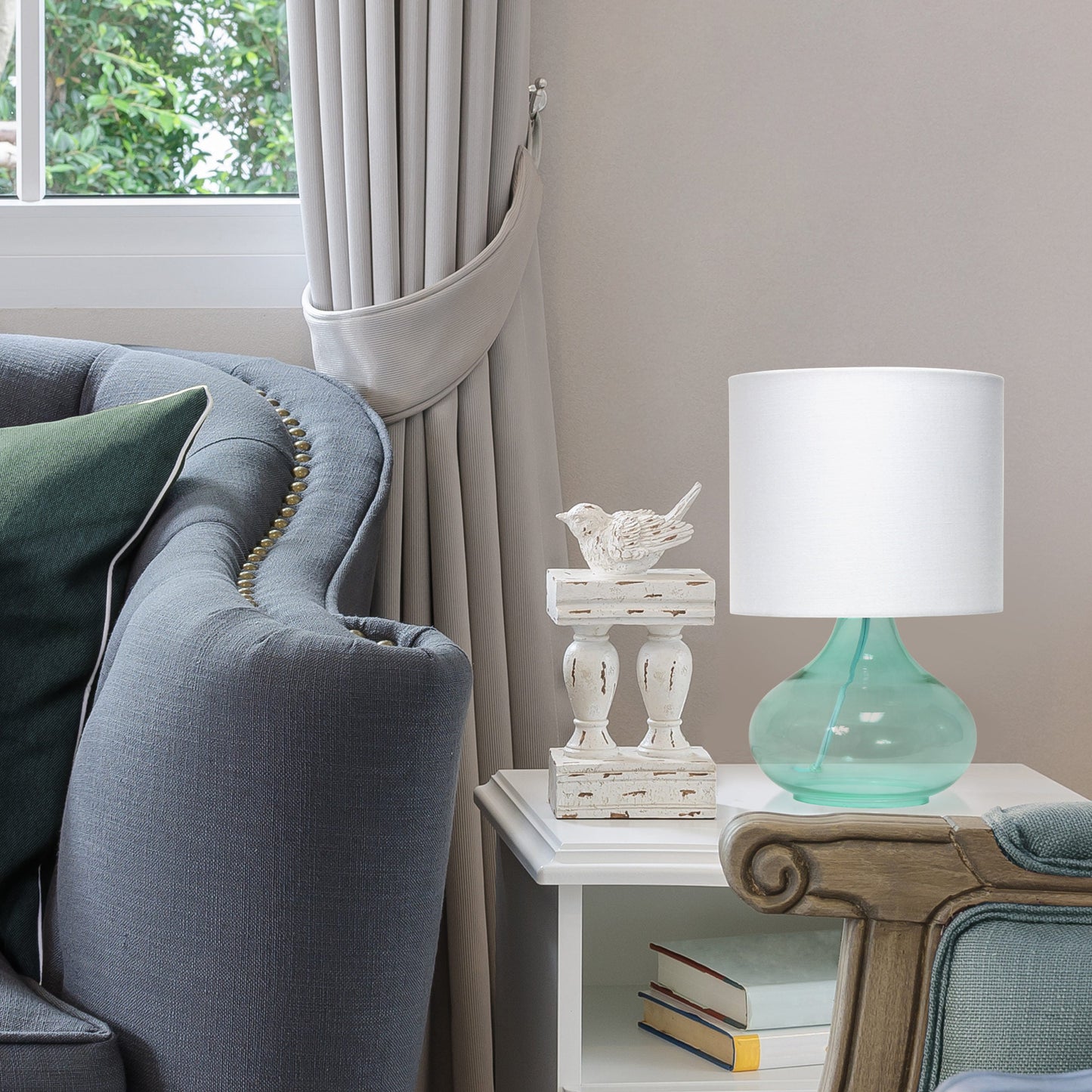 All The Rages Simple Designs Aqua Glass Raindrop Table Lamp With White Fabric Shade