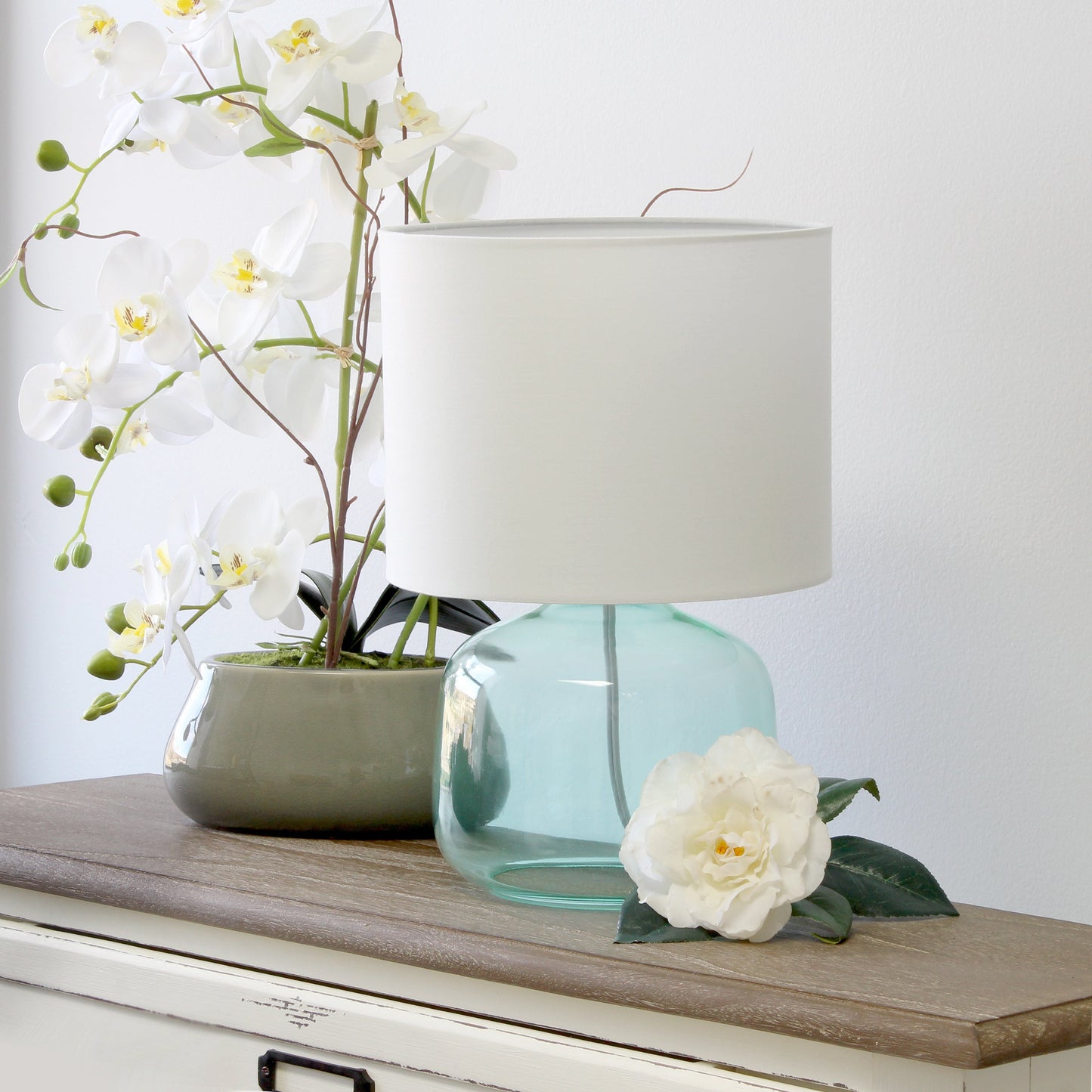 All The Rages Simple Designs Aqua Glass Table Lamp With White Fabric Shade