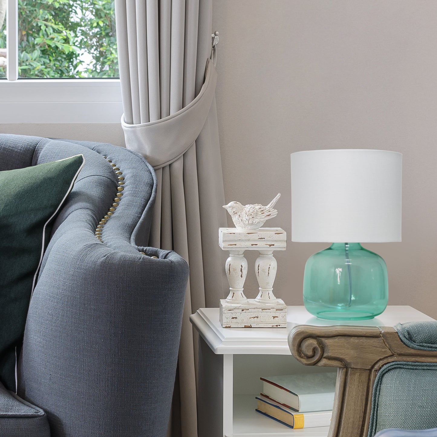 All The Rages Simple Designs Aqua Glass Table Lamp With White Fabric Shade