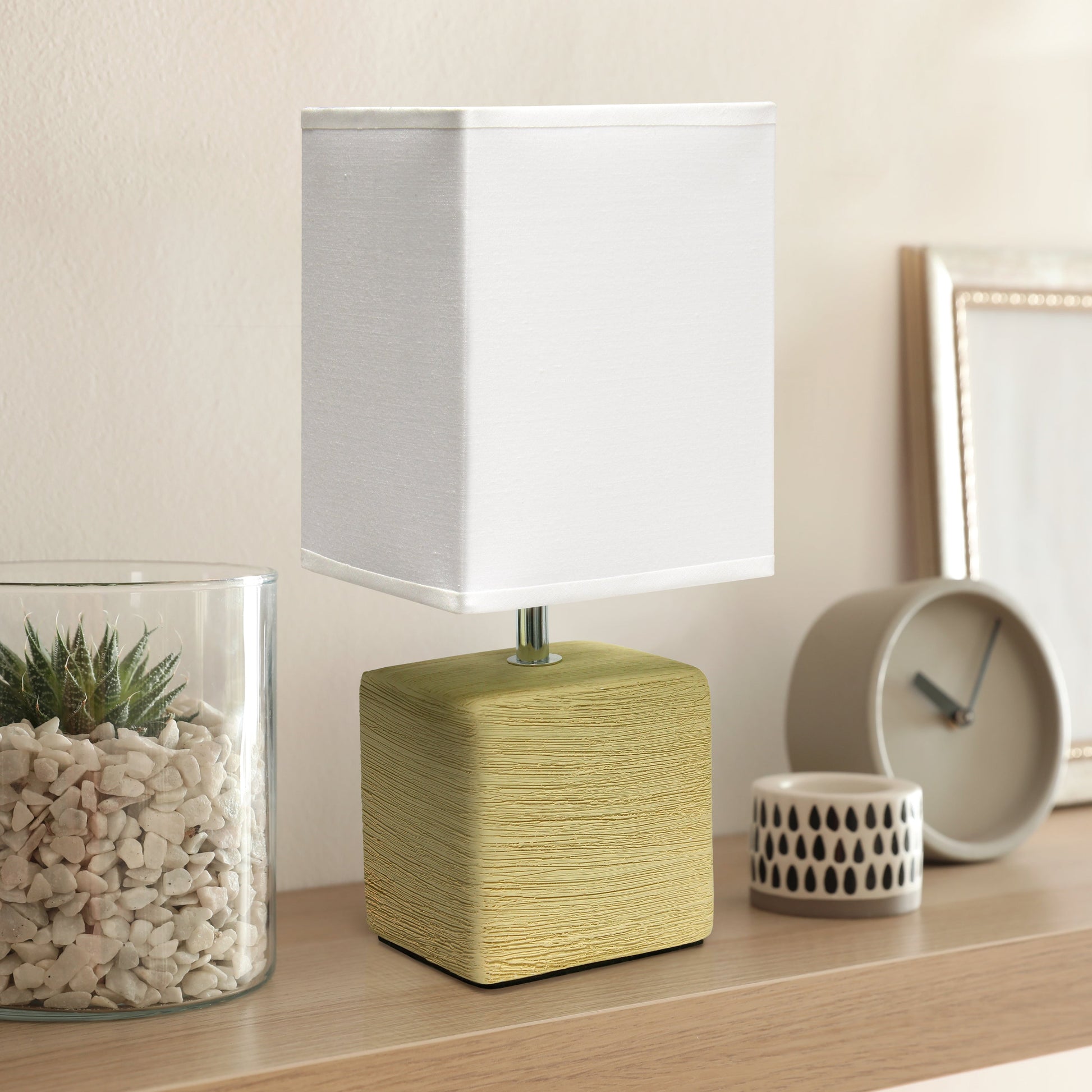All The Rages Simple Designs Beige Petite Faux Stone Table Lamp With White Fabric Shade