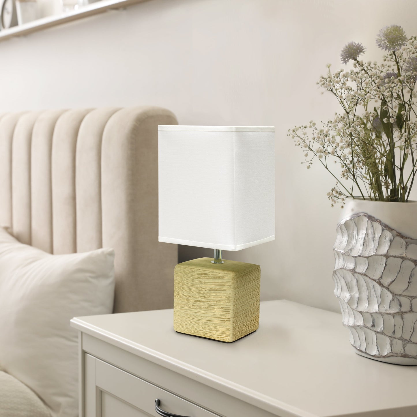 All The Rages Simple Designs Beige Petite Faux Stone Table Lamp With White Fabric Shade