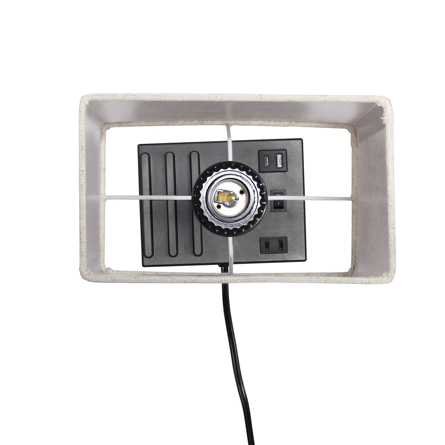 All The Rages Simple Designs Black 15" Multi-Use Table Lamp With 2 USB Ports & Charging Outlet With Beige Fabric Shade