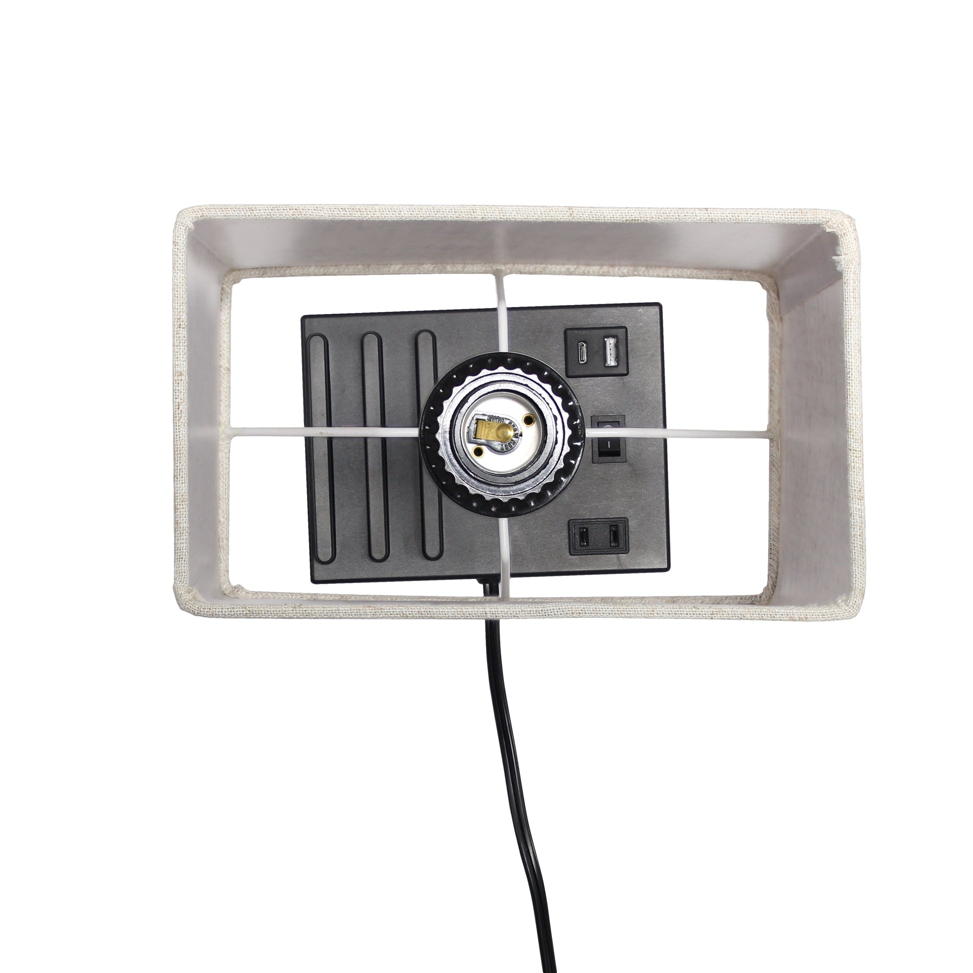 All The Rages Simple Designs Black 15" Multi-Use Table Lamp With 2 USB Ports & Charging Outlet With Beige Fabric Shade