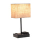 All The Rages Simple Designs Black 15" Multi-Use Table Lamp With 2 USB Ports & Charging Outlet With Beige Fabric Shade