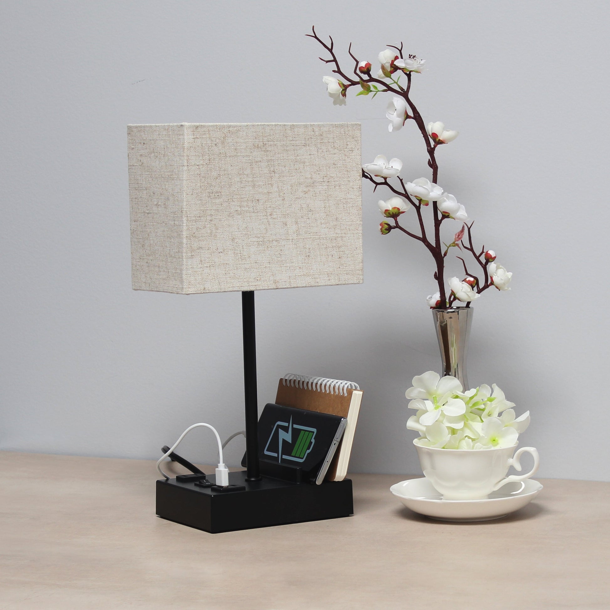 All The Rages Simple Designs Black 15" Multi-Use Table Lamp With 2 USB Ports & Charging Outlet With Beige Fabric Shade