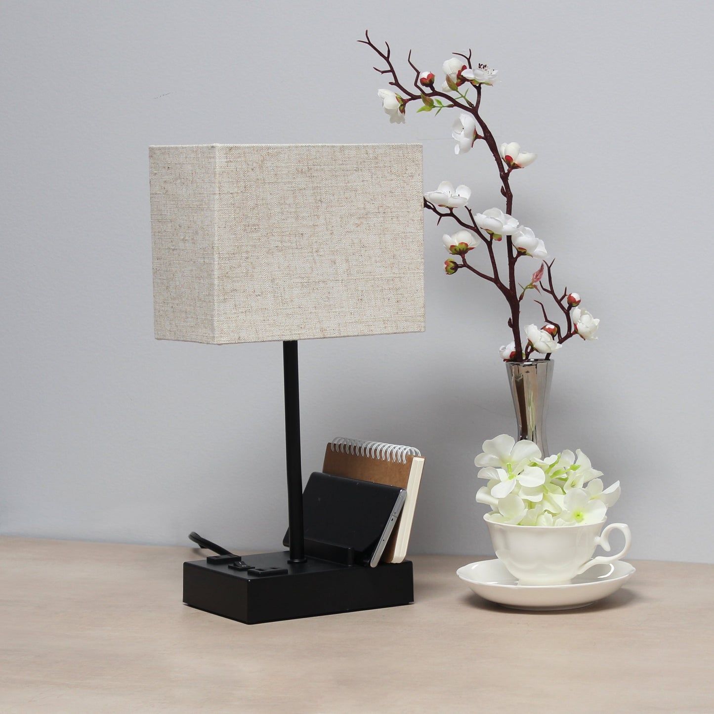 All The Rages Simple Designs Black 15" Multi-Use Table Lamp With 2 USB Ports & Charging Outlet With Beige Fabric Shade
