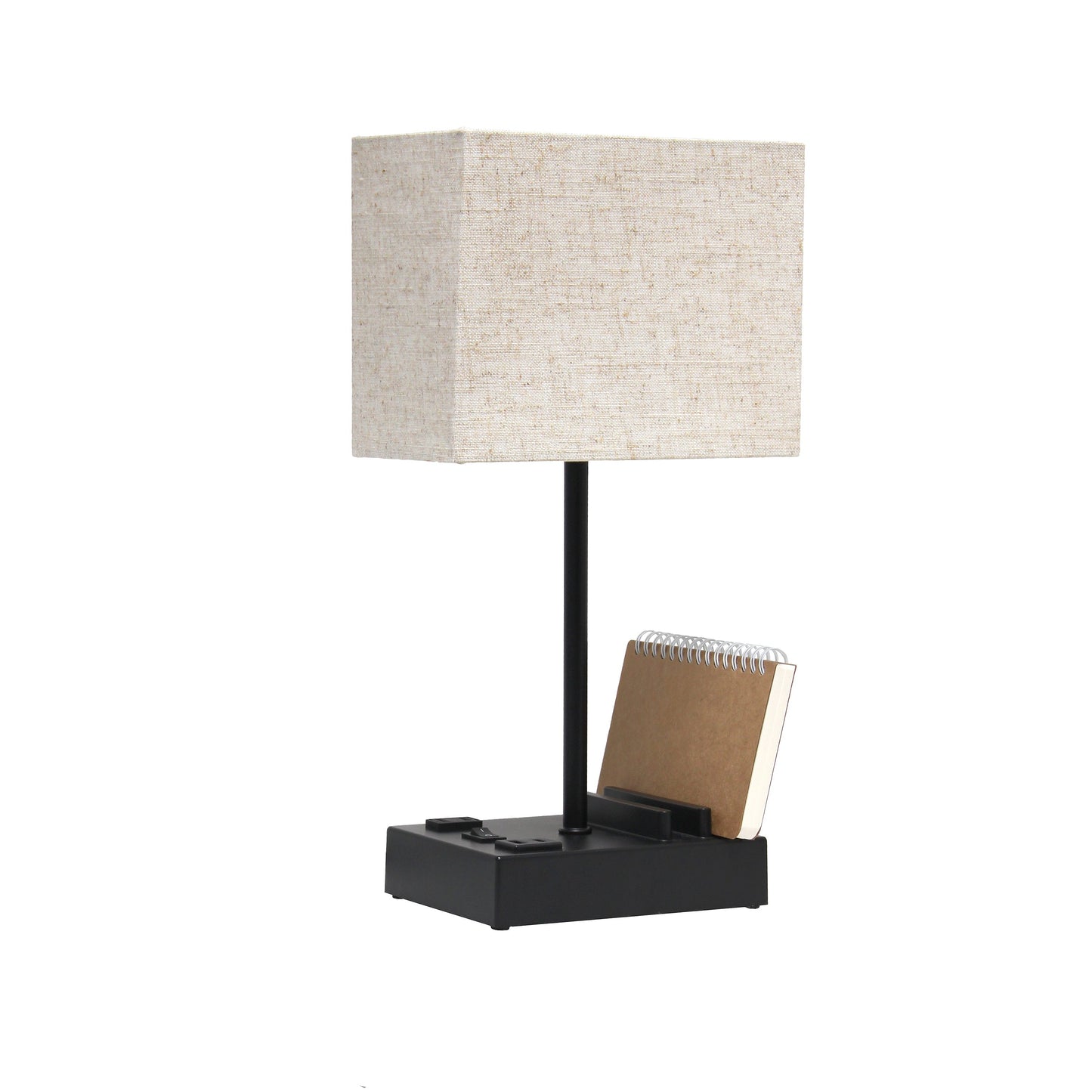 All The Rages Simple Designs Black 15" Multi-Use Table Lamp With 2 USB Ports & Charging Outlet With Beige Fabric Shade