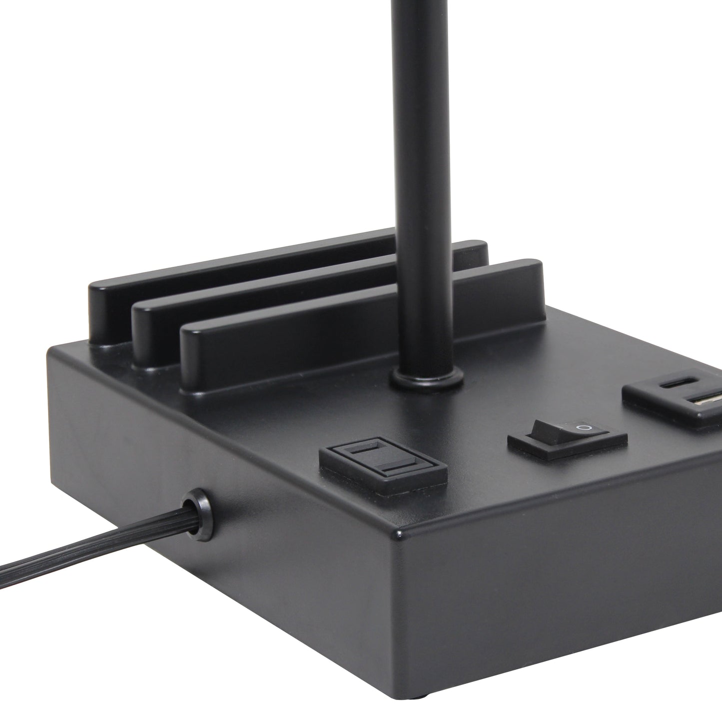 All The Rages Simple Designs Black 15" Multi-Use Table Lamp With 2 USB Ports & Charging Outlet With Beige Fabric Shade