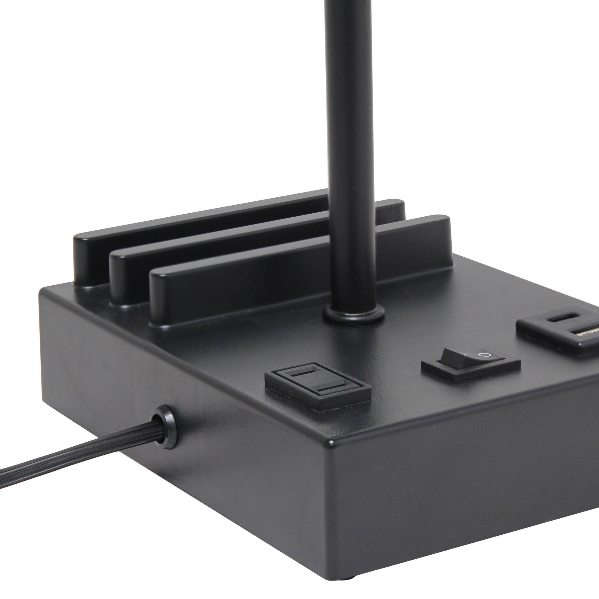 All The Rages Simple Designs Black 15" Multi-Use Table Lamp With 2 USB Ports & Charging Outlet With Beige Fabric Shade