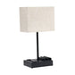 All The Rages Simple Designs Black 15" Multi-Use Table Lamp With 2 USB Ports & Charging Outlet With Beige Fabric Shade