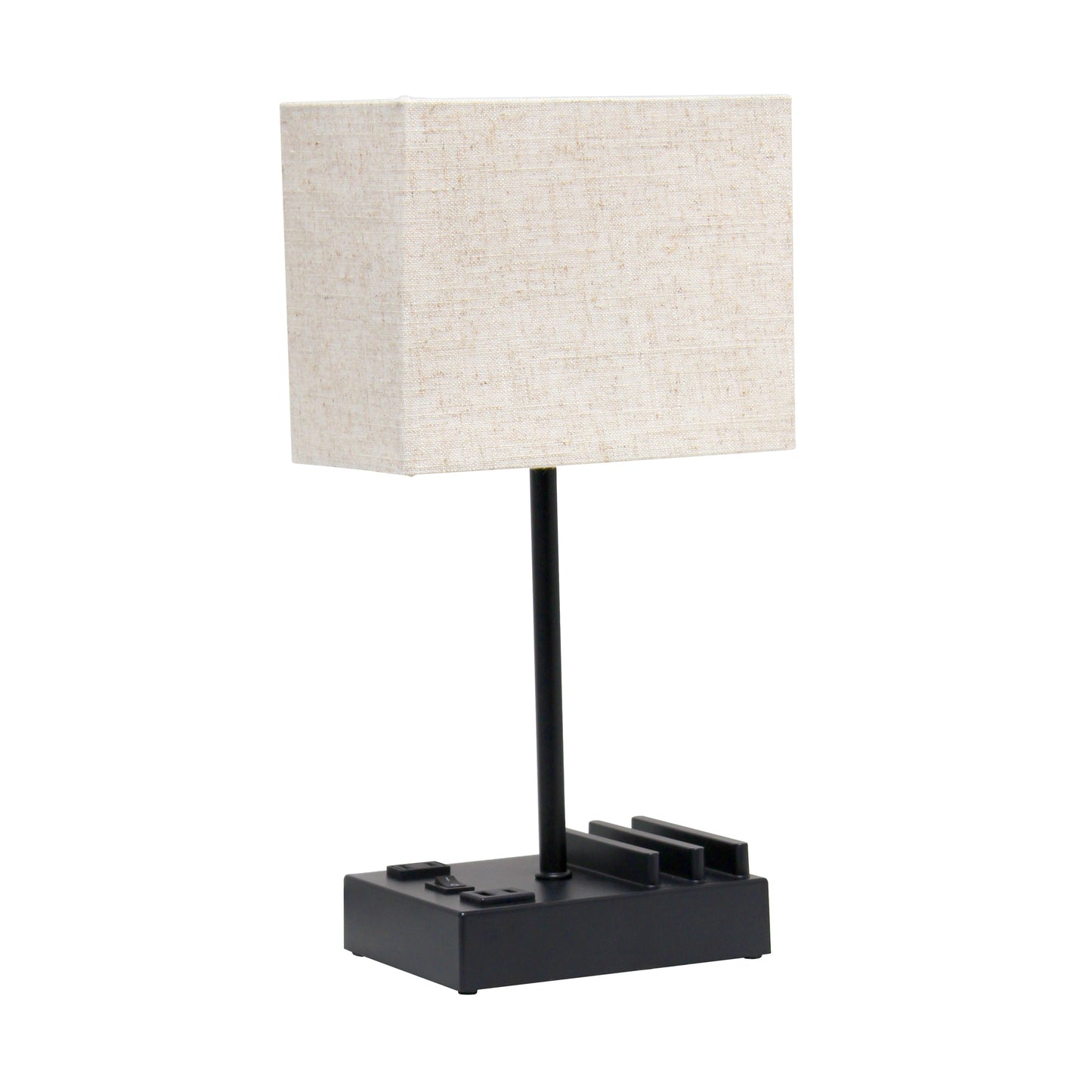 All The Rages Simple Designs Black 15" Multi-Use Table Lamp With 2 USB Ports & Charging Outlet With Beige Fabric Shade