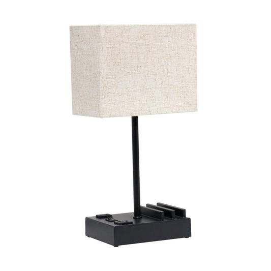 All The Rages Simple Designs Black 15" Multi-Use Table Lamp With 2 USB Ports & Charging Outlet With Beige Fabric Shade