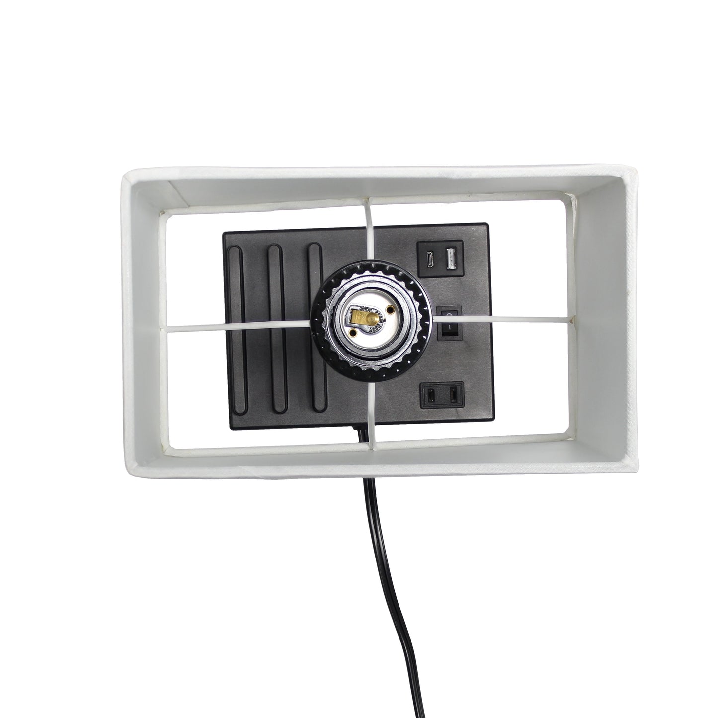 All The Rages Simple Designs Black 15" Multi-Use Table Lamp With 2 USB Ports & Charging Outlet With White Fabric Shade