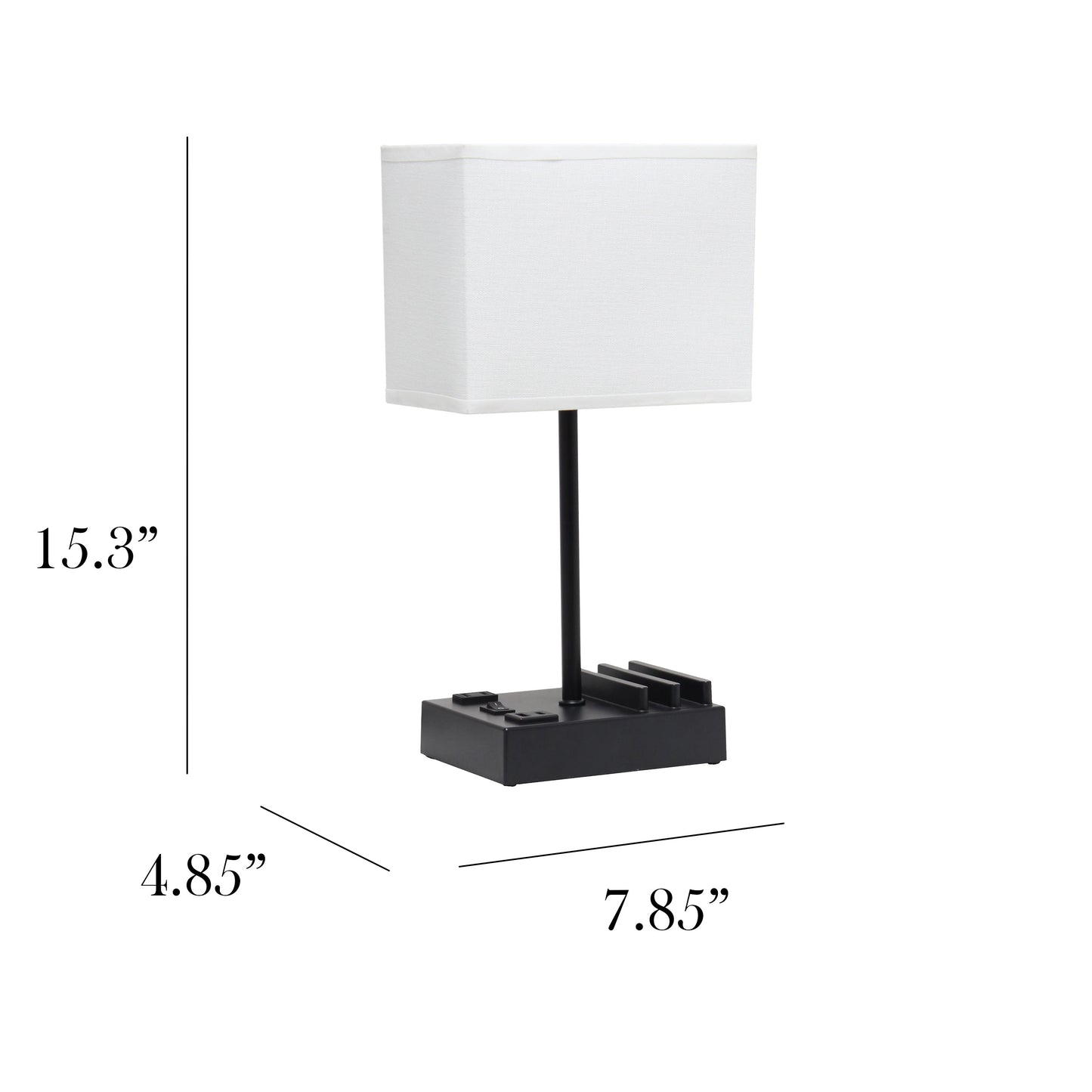 All The Rages Simple Designs Black 15" Multi-Use Table Lamp With 2 USB Ports & Charging Outlet With White Fabric Shade