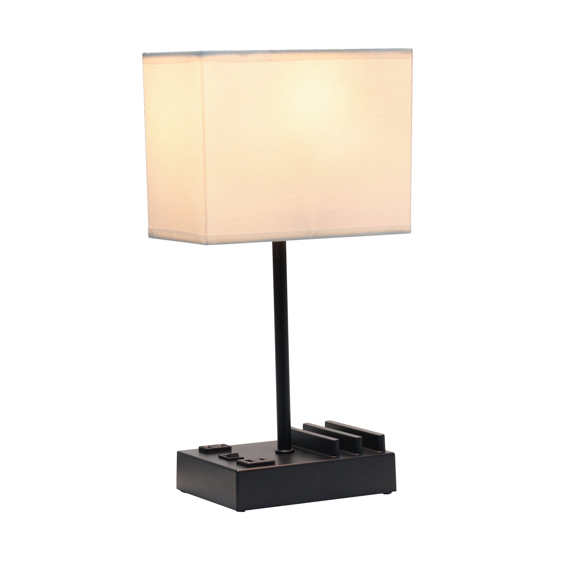 All The Rages Simple Designs Black 15" Multi-Use Table Lamp With 2 USB Ports & Charging Outlet With White Fabric Shade