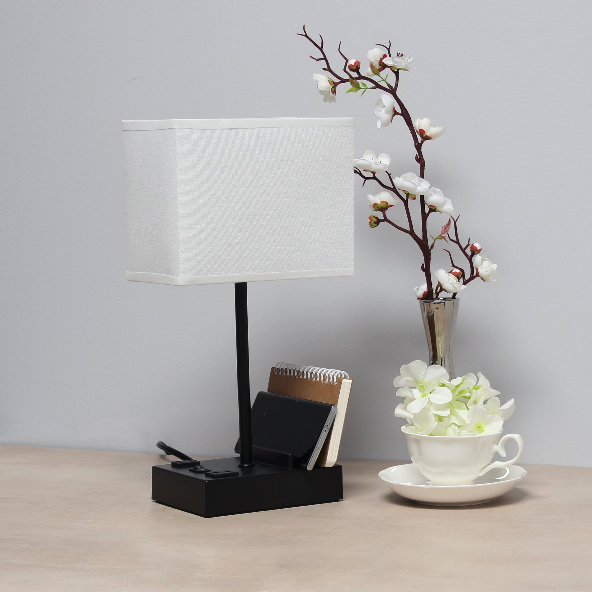 All The Rages Simple Designs Black 15" Multi-Use Table Lamp With 2 USB Ports & Charging Outlet With White Fabric Shade