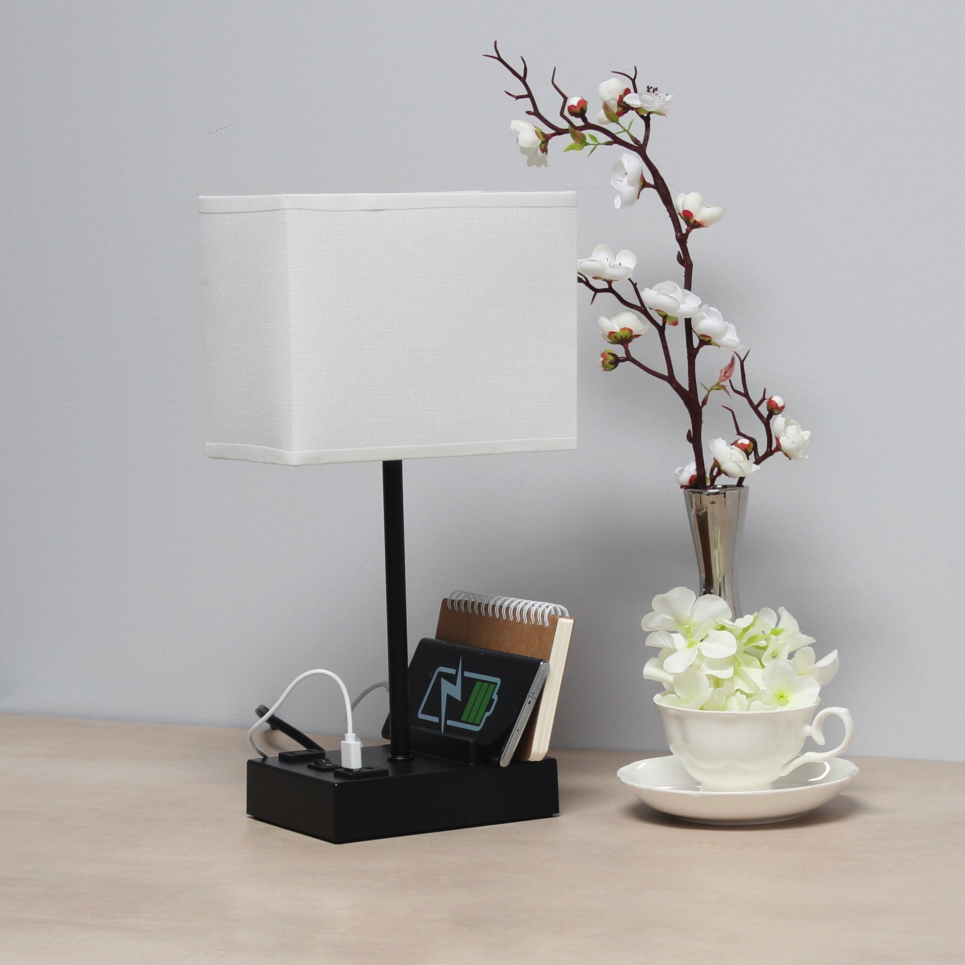 All The Rages Simple Designs Black 15" Multi-Use Table Lamp With 2 USB Ports & Charging Outlet With White Fabric Shade