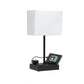 All The Rages Simple Designs Black 15" Multi-Use Table Lamp With 2 USB Ports & Charging Outlet With White Fabric Shade