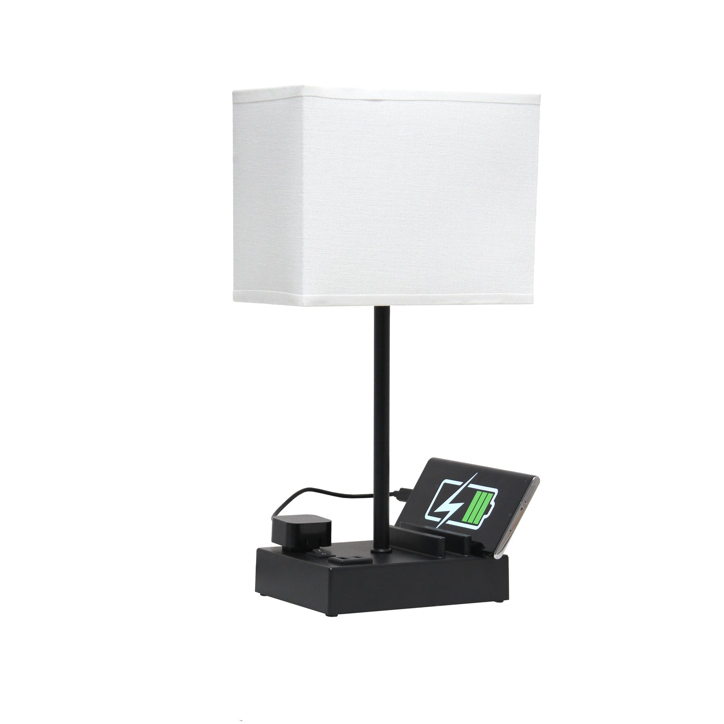 All The Rages Simple Designs Black 15" Multi-Use Table Lamp With 2 USB Ports & Charging Outlet With White Fabric Shade
