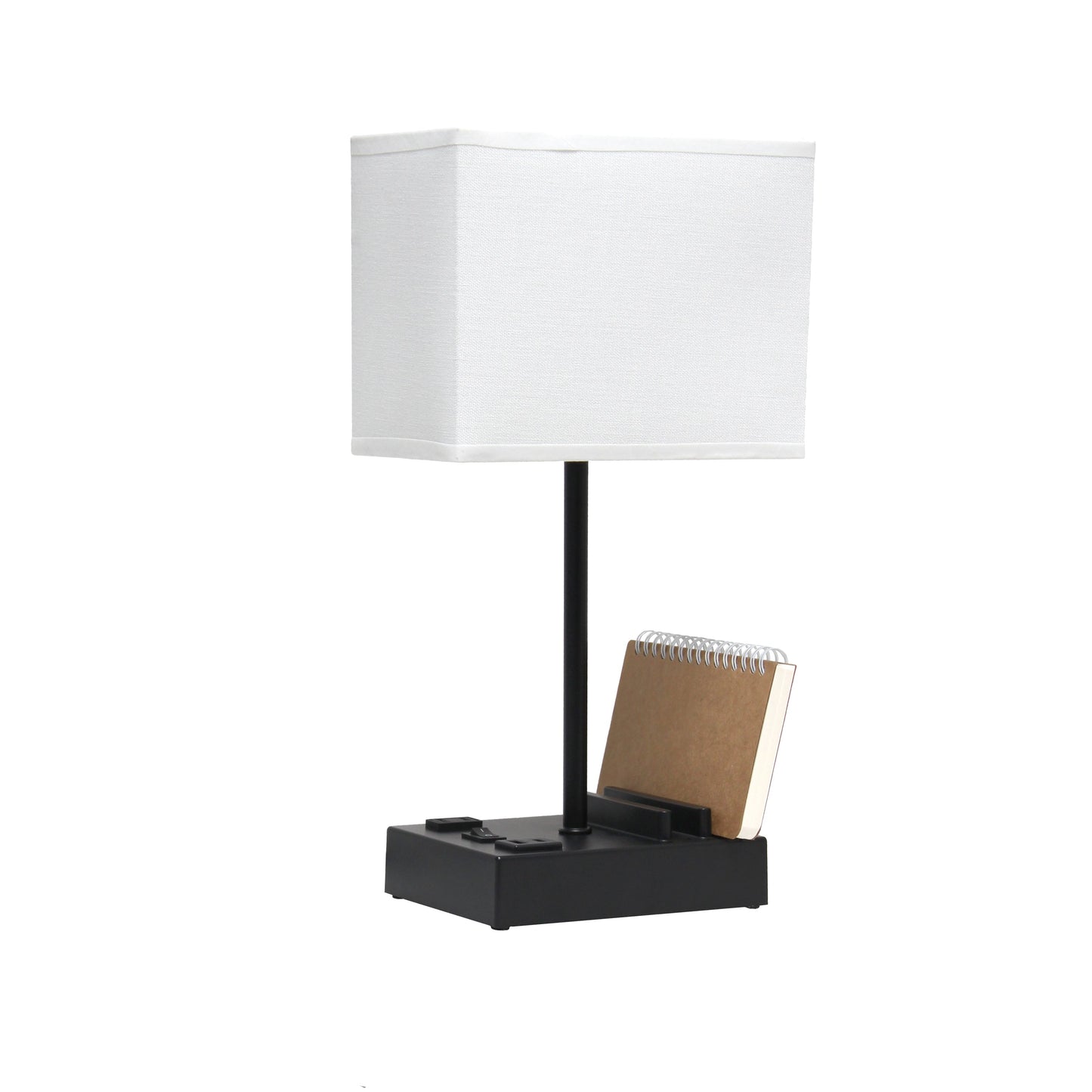 All The Rages Simple Designs Black 15" Multi-Use Table Lamp With 2 USB Ports & Charging Outlet With White Fabric Shade