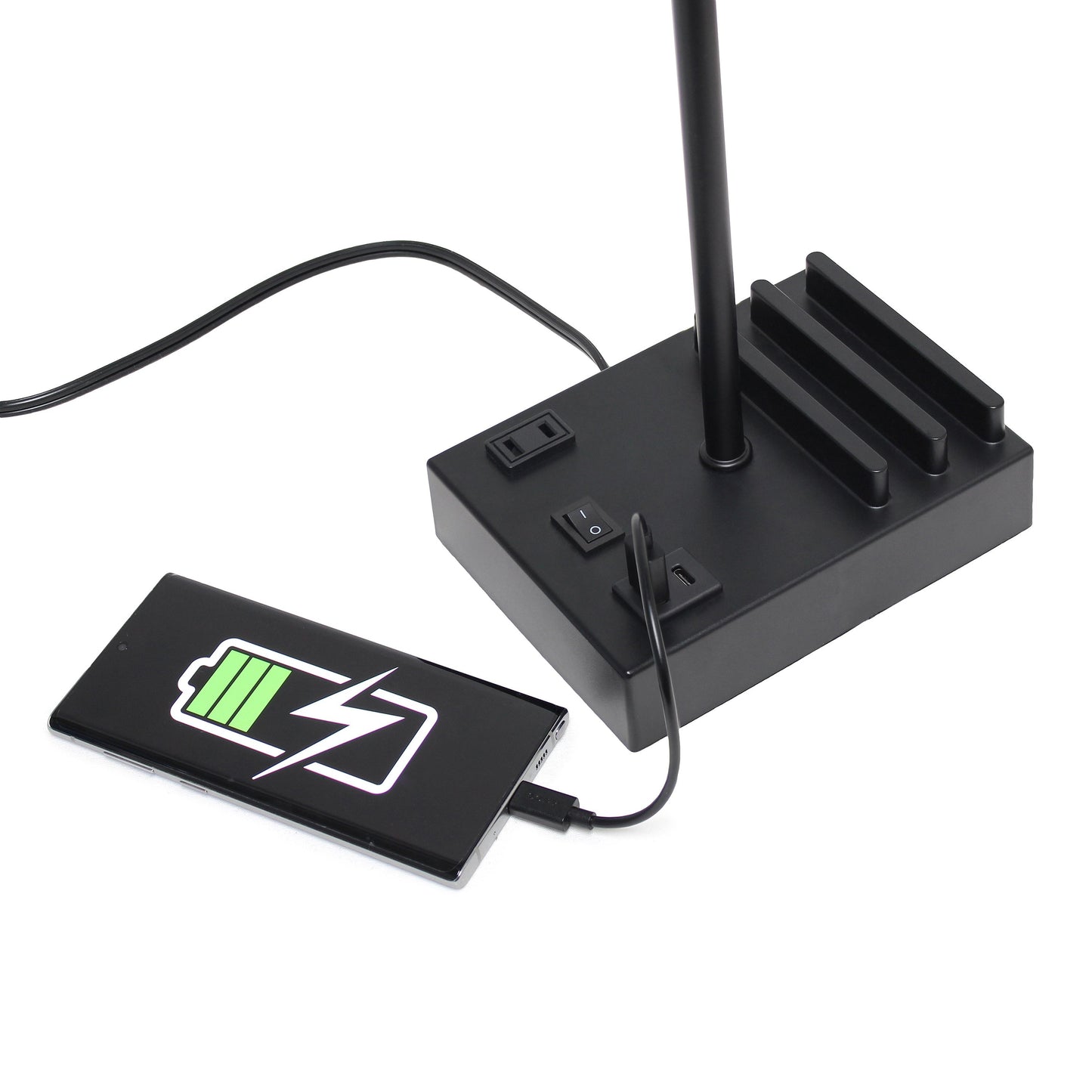 All The Rages Simple Designs Black 15" Multi-Use Table Lamp With 2 USB Ports & Charging Outlet With White Fabric Shade
