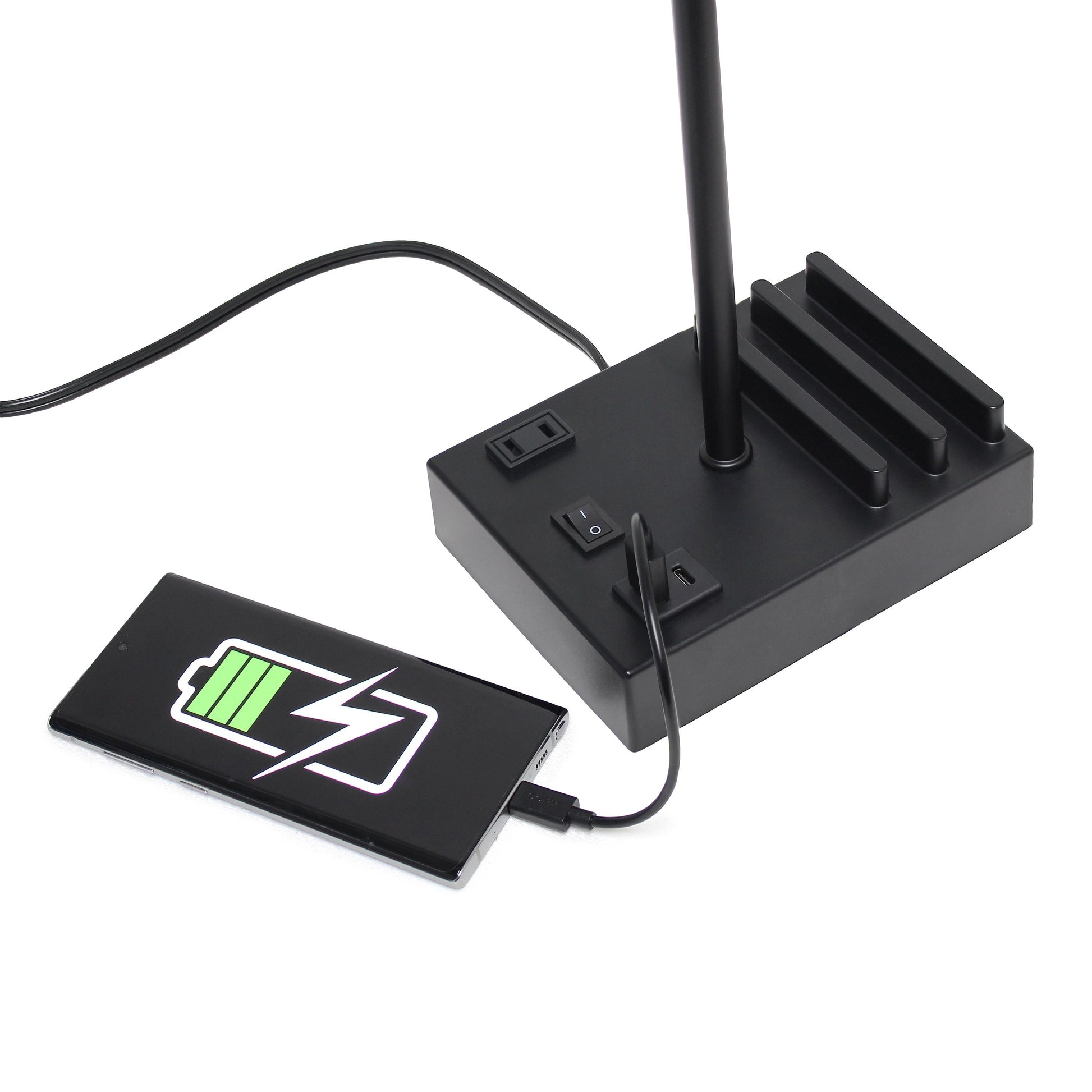 All The Rages Simple Designs Black 15" Multi-Use Table Lamp With 2 USB Ports & Charging Outlet With White Fabric Shade