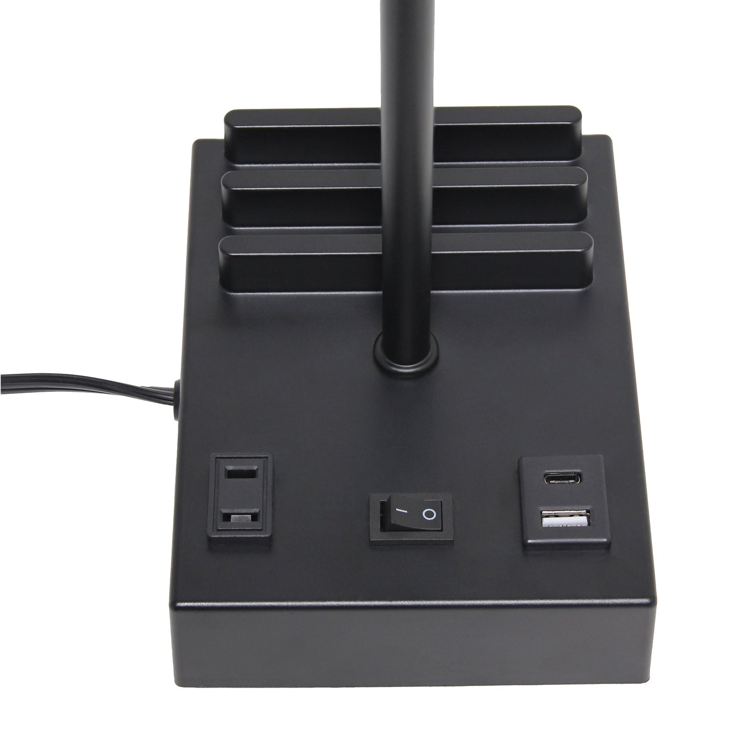 All The Rages Simple Designs Black 15" Multi-Use Table Lamp With 2 USB Ports & Charging Outlet With White Fabric Shade