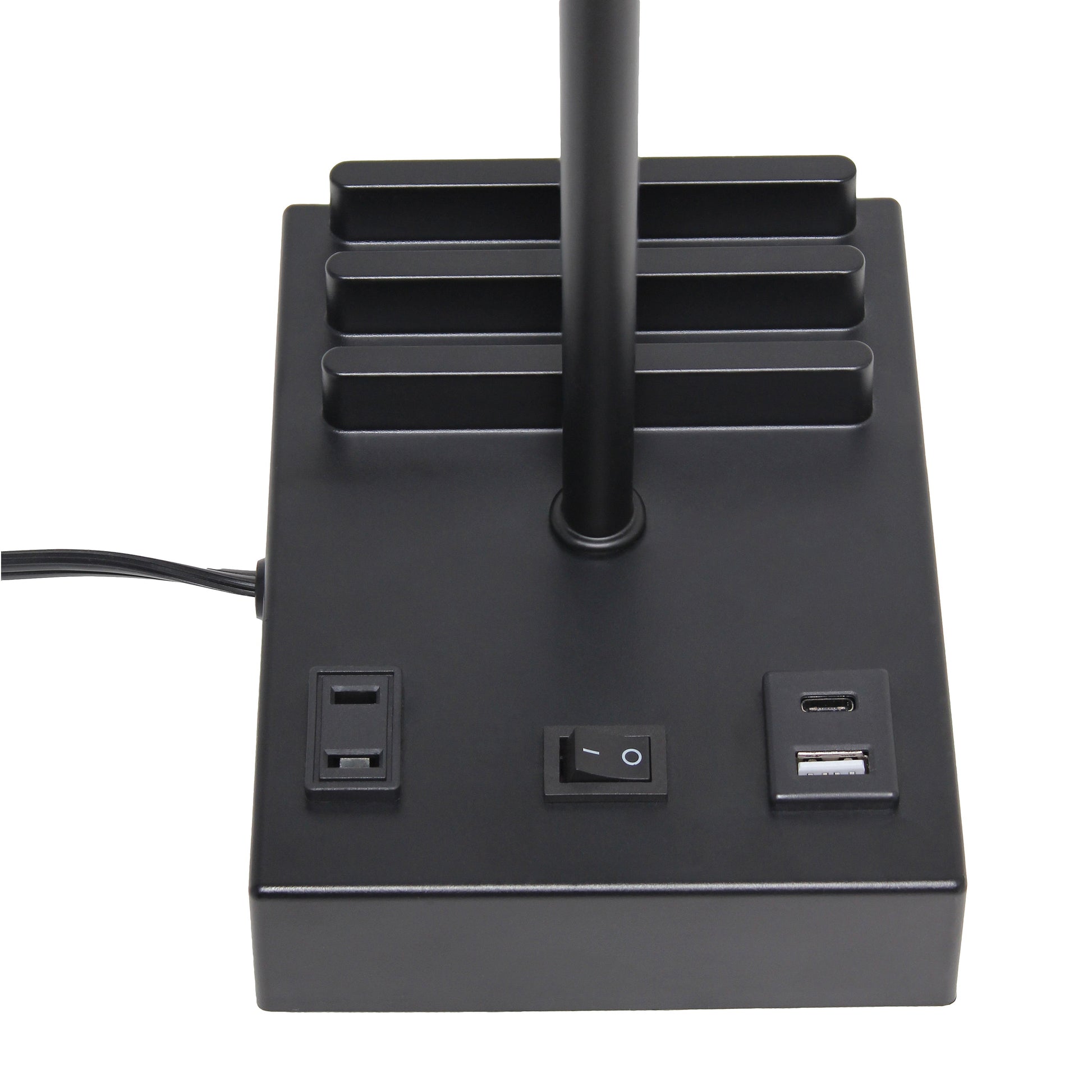 All The Rages Simple Designs Black 15" Multi-Use Table Lamp With 2 USB Ports & Charging Outlet With White Fabric Shade