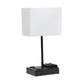 All The Rages Simple Designs Black 15" Multi-Use Table Lamp With 2 USB Ports & Charging Outlet With White Fabric Shade