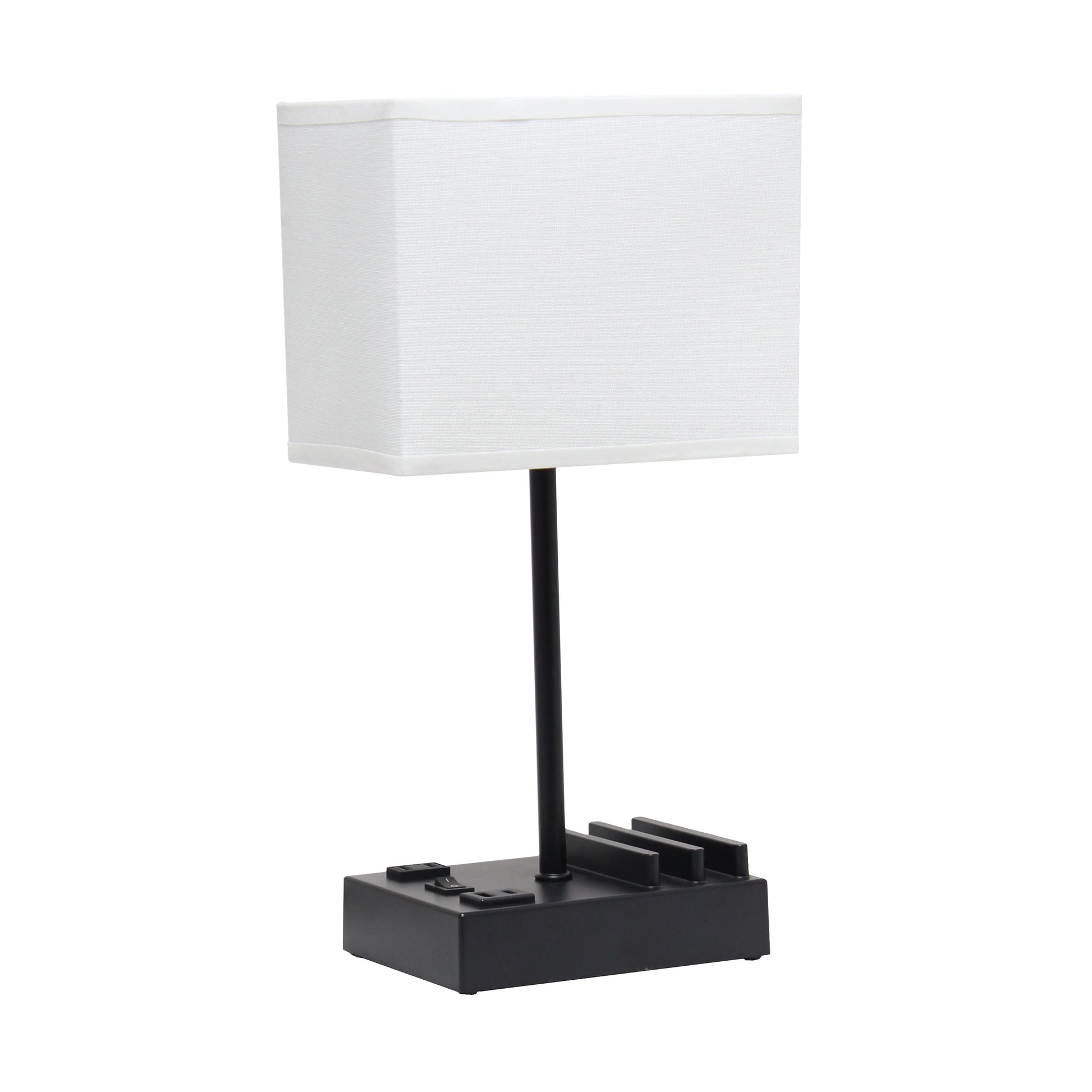 All The Rages Simple Designs Black 15" Multi-Use Table Lamp With 2 USB Ports & Charging Outlet With White Fabric Shade