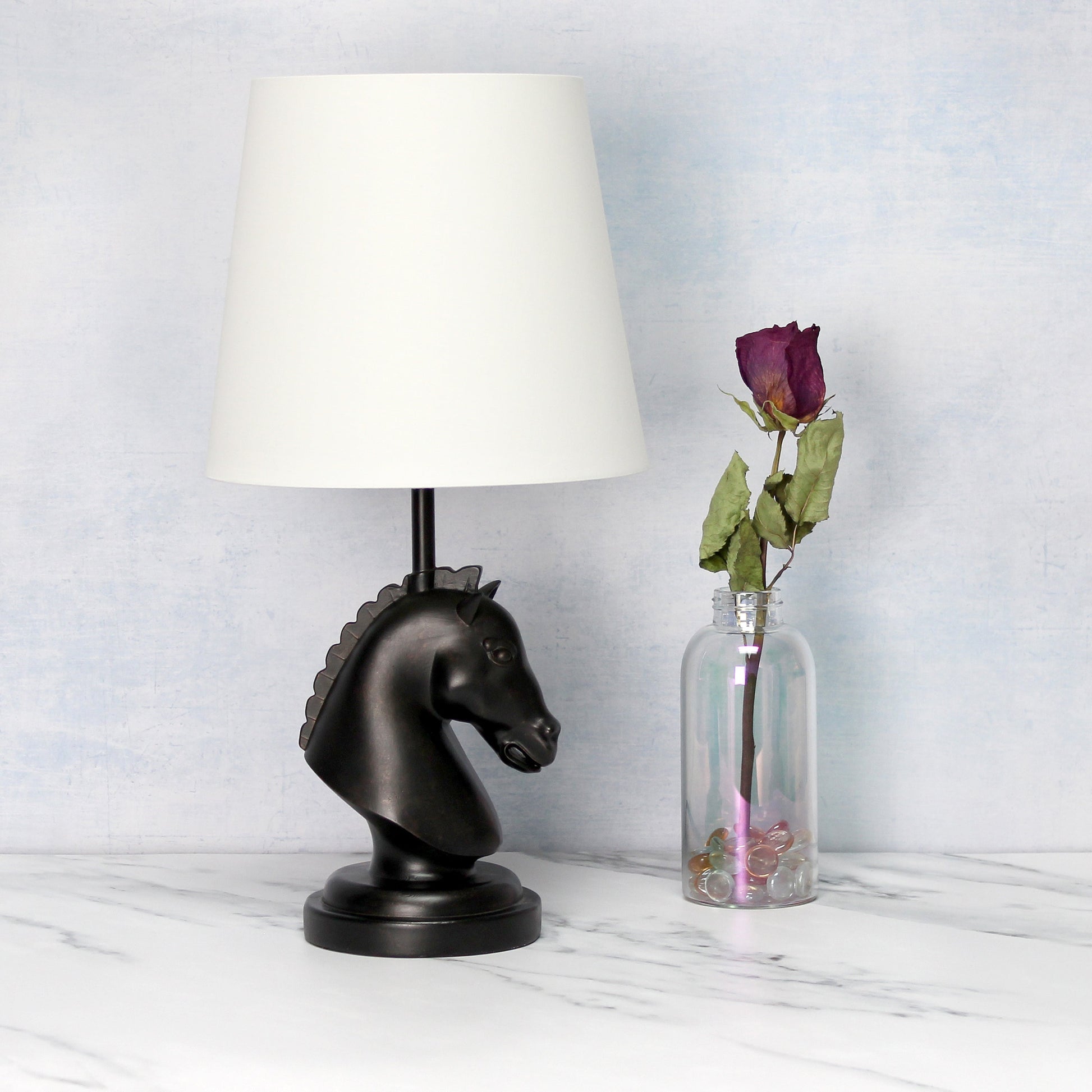 All The Rages Simple Designs Black 17" Tall Polyresin Decorative Chess Horse Shaped Table Lamp With White Tapered Fabric Shade