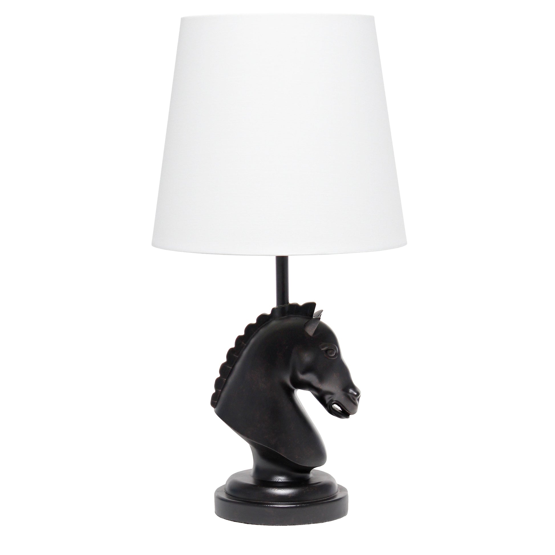 All The Rages Simple Designs Black 17" Tall Polyresin Decorative Chess Horse Shaped Table Lamp With White Tapered Fabric Shade
