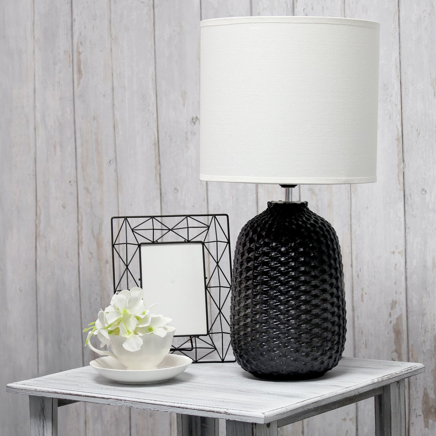 All The Rages Simple Designs Black 20" Ceramic Purled Texture Table Lamp With White Fabric Drum Shade