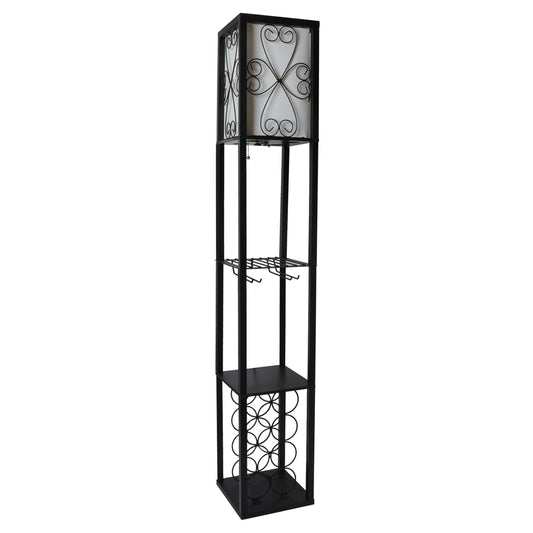 All The Rages Simple Designs Black Etagere Organizer Storage Shelf & Wine Rack Floor Lamp With Linen Shade