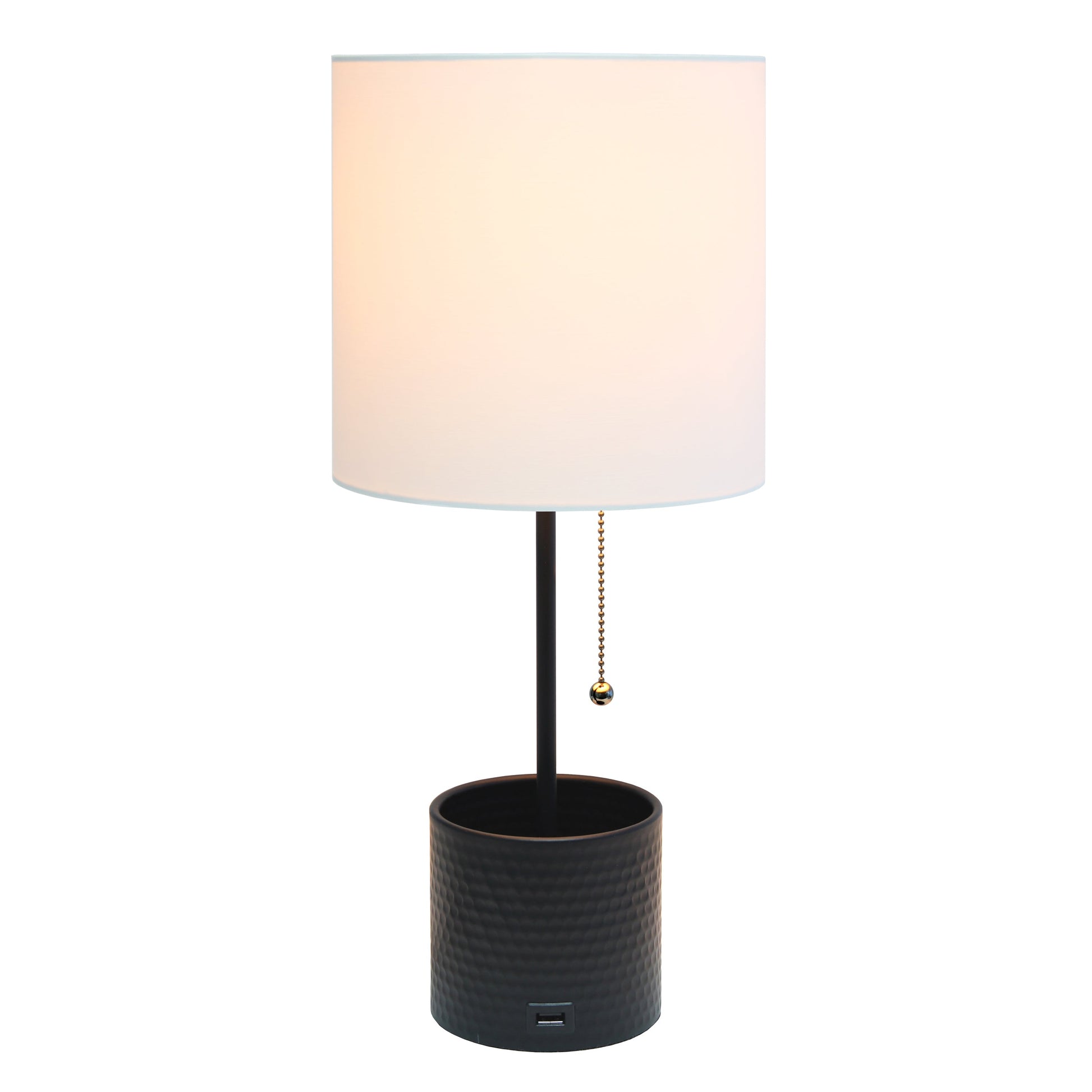 All The Rages Simple Designs Black Hammered Metal Organizer Table Lamp With USB Charging Port & Fabric Shade