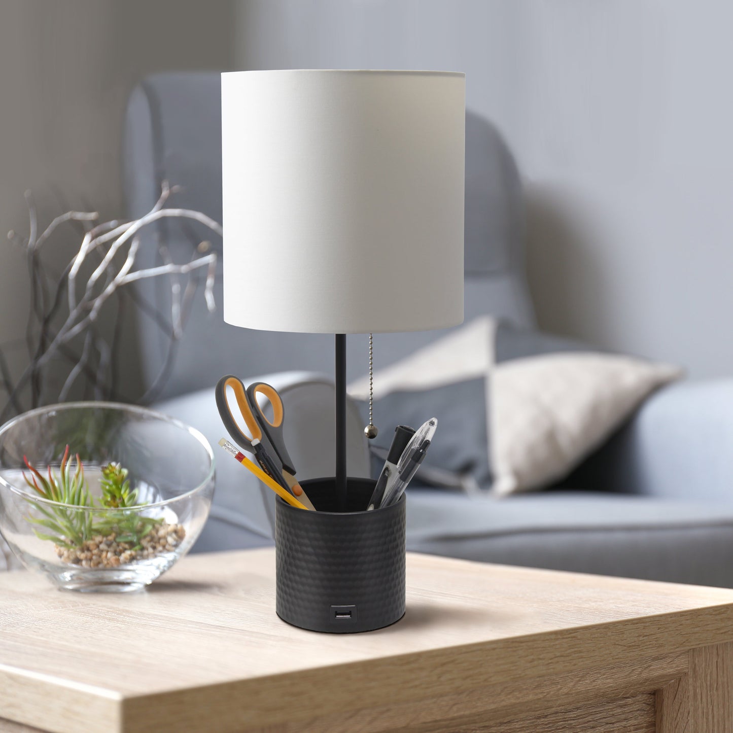 All The Rages Simple Designs Black Hammered Metal Organizer Table Lamp With USB Charging Port & Fabric Shade