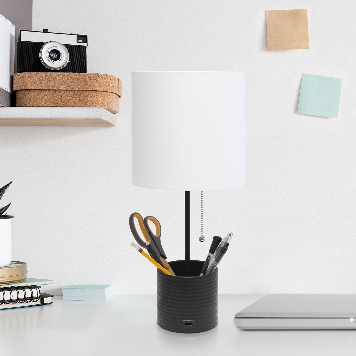 All The Rages Simple Designs Black Hammered Metal Organizer Table Lamp With USB Charging Port & Fabric Shade