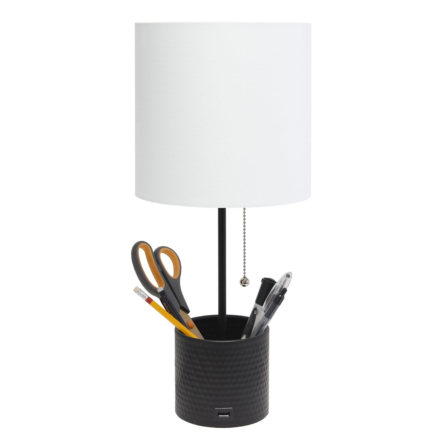 All The Rages Simple Designs Black Hammered Metal Organizer Table Lamp With USB Charging Port & Fabric Shade