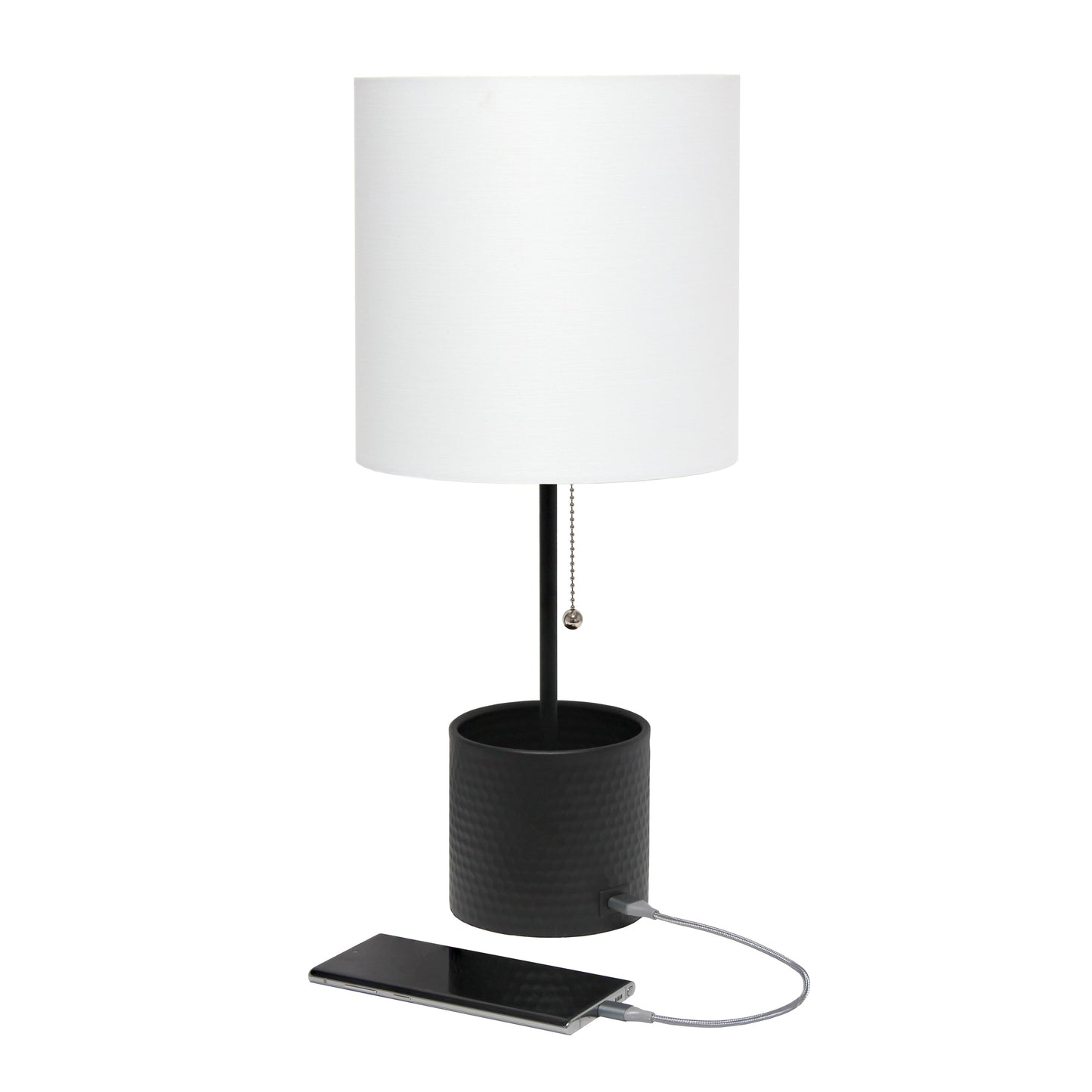All The Rages Simple Designs Black Hammered Metal Organizer Table Lamp With USB Charging Port & Fabric Shade