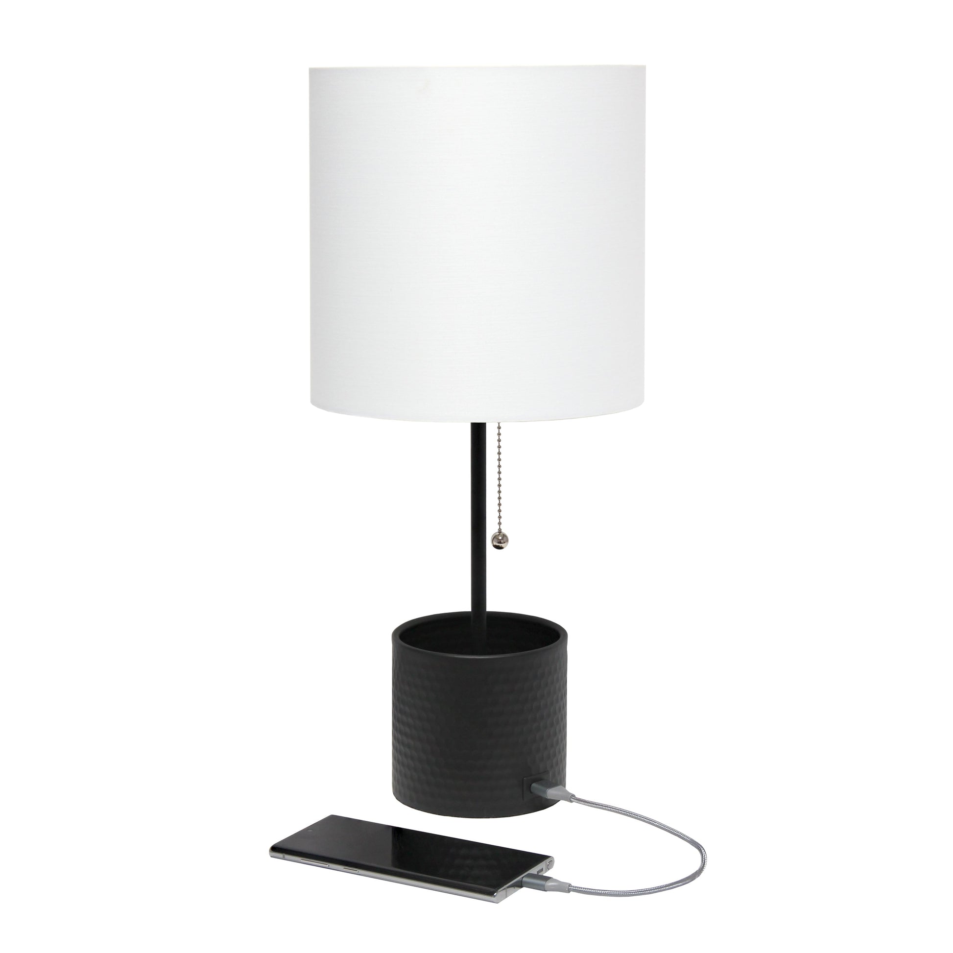 All The Rages Simple Designs Black Hammered Metal Organizer Table Lamp With USB Charging Port & Fabric Shade