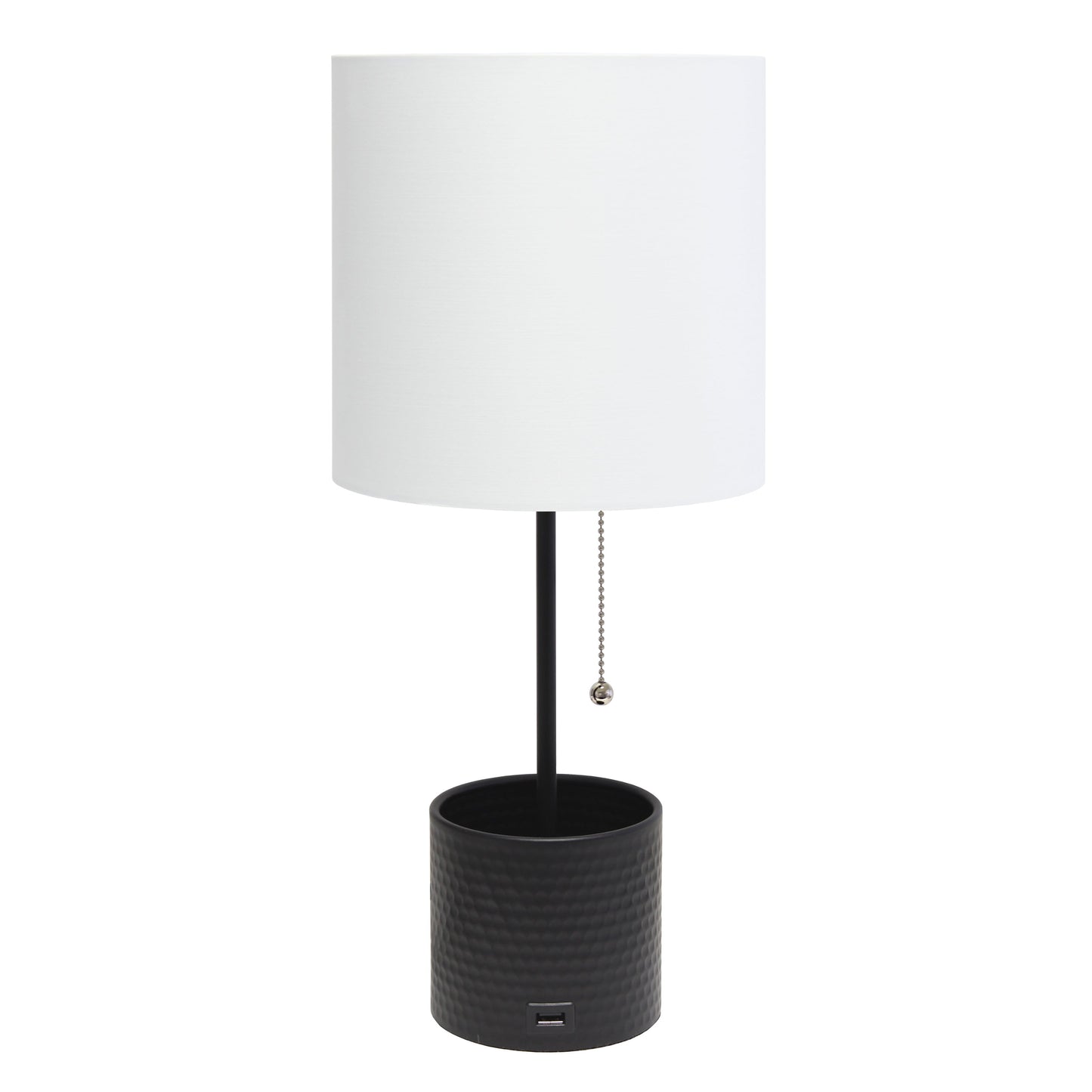 All The Rages Simple Designs Black Hammered Metal Organizer Table Lamp With USB Charging Port & Fabric Shade