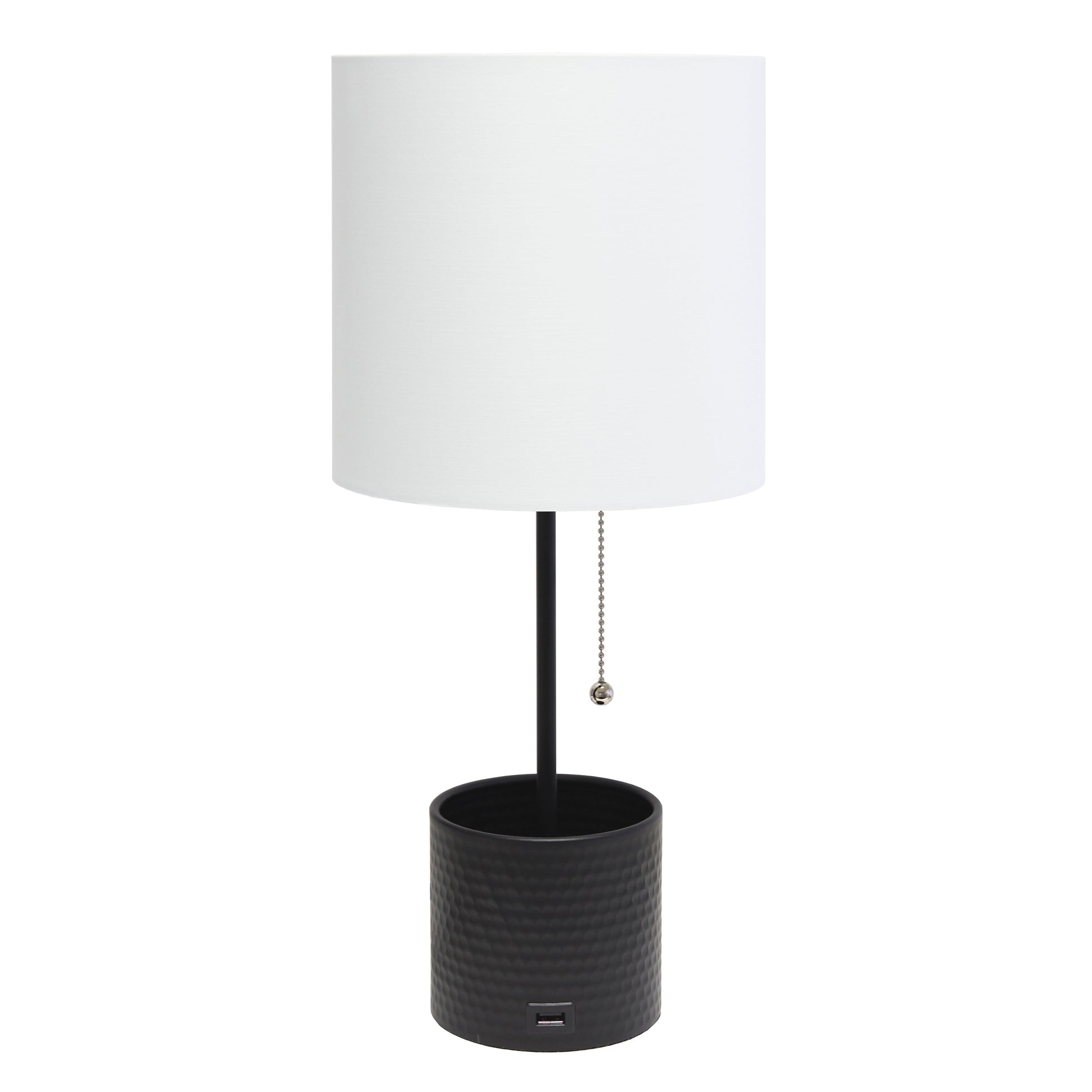 All The Rages Simple Designs Black Hammered Metal Organizer Table Lamp With USB Charging Port & Fabric Shade
