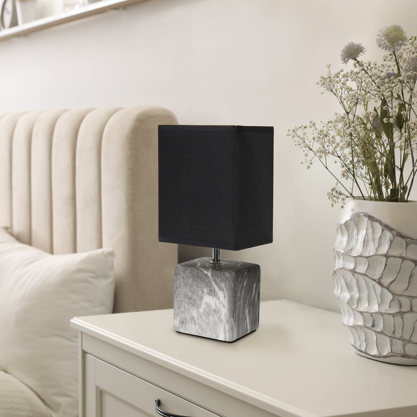 All The Rages Simple Designs Black Marbled Ceramic Table Lamp With Black Fabric Shade