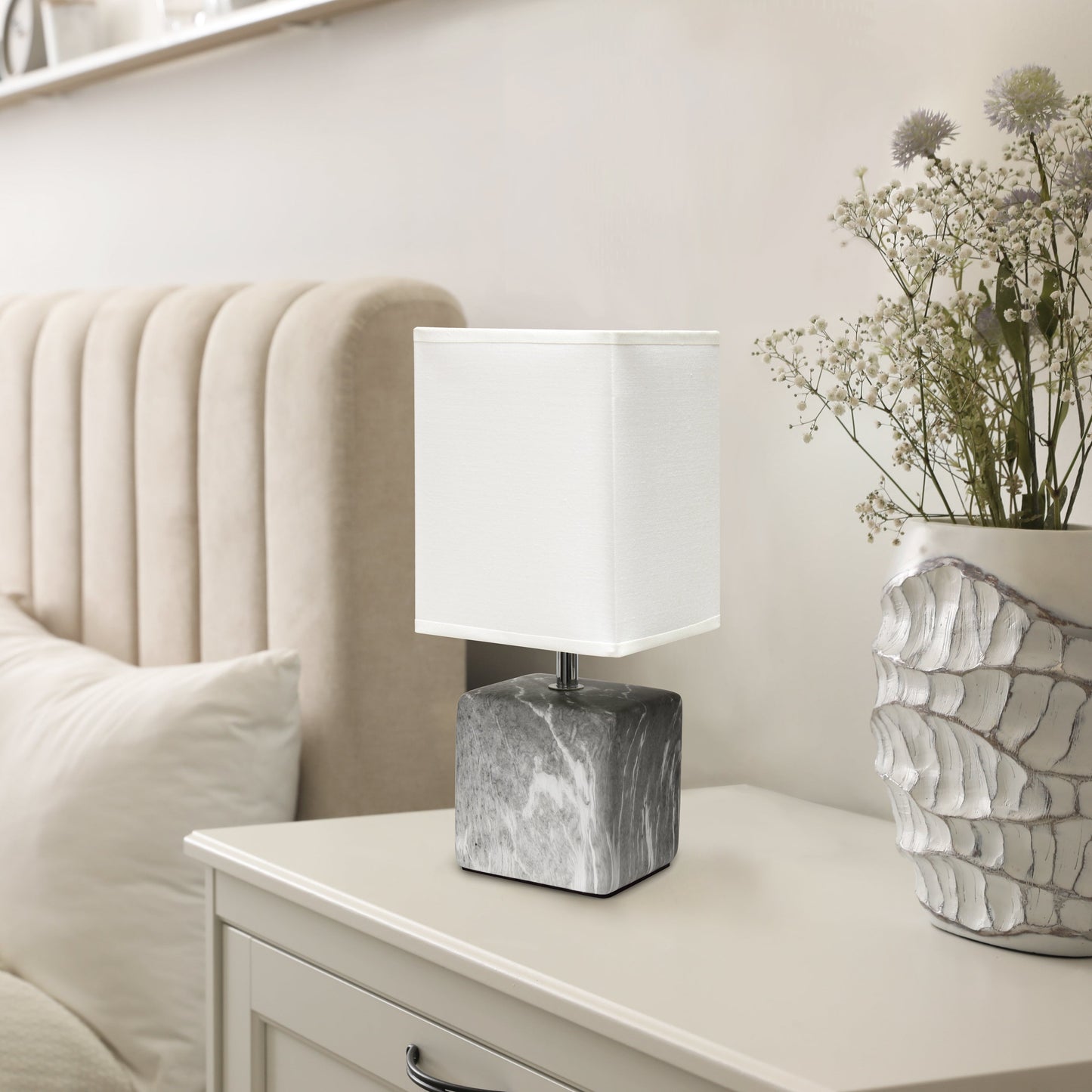 All The Rages Simple Designs Black Marbled Ceramic Table Lamp With White Fabric Shade